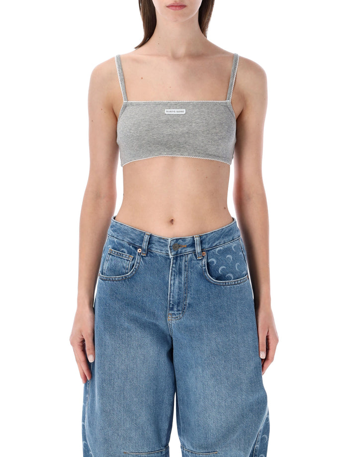 Marine Serre Ribbed Fine Strap Bra Grey Cotton Top