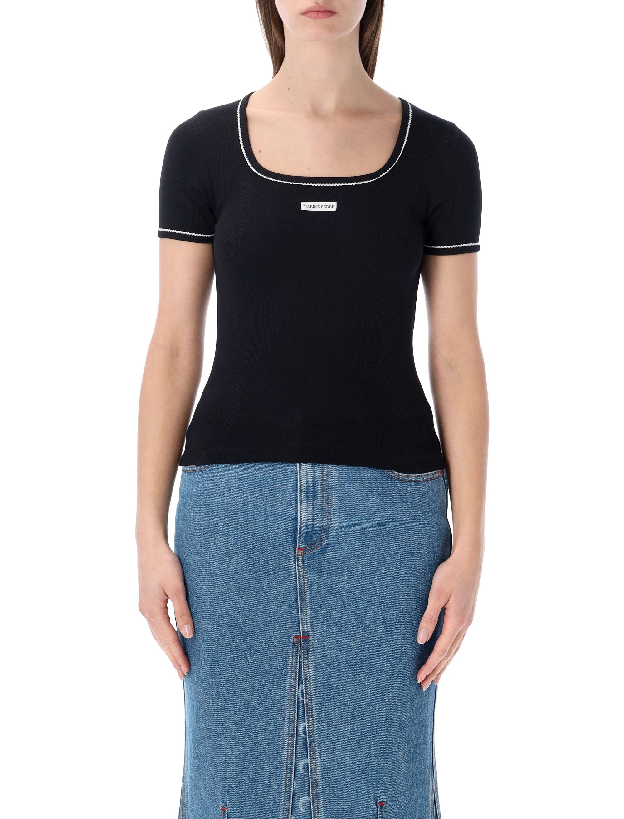 Marine Serre light ribbed squareneck T-shirt Black Cotton