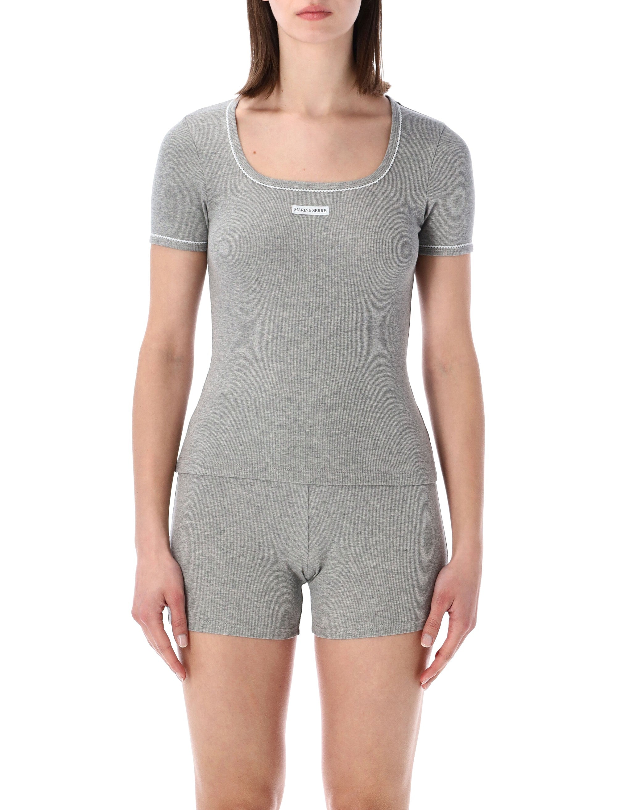 Marine Serre Light Ribbed Squareneck T-Shirt Grey Cotton
