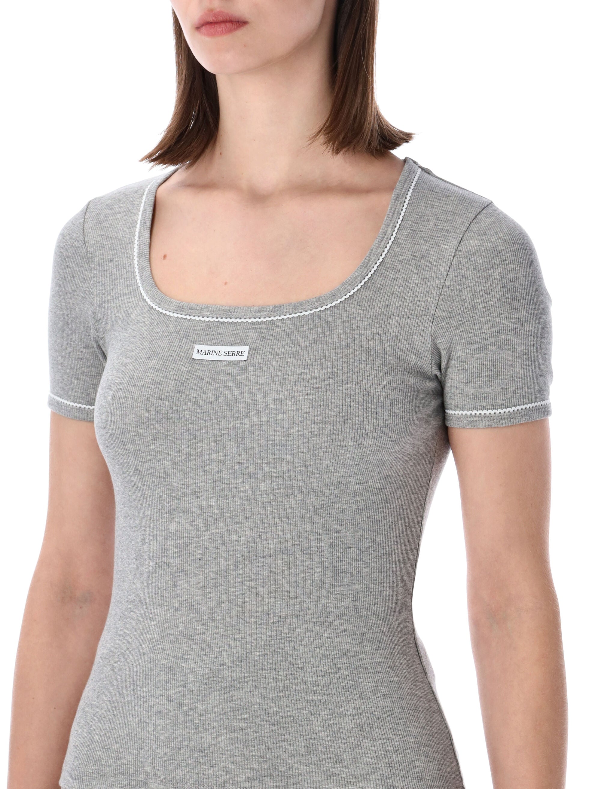 Marine Serre Light Ribbed Squareneck T-Shirt Grey Cotton