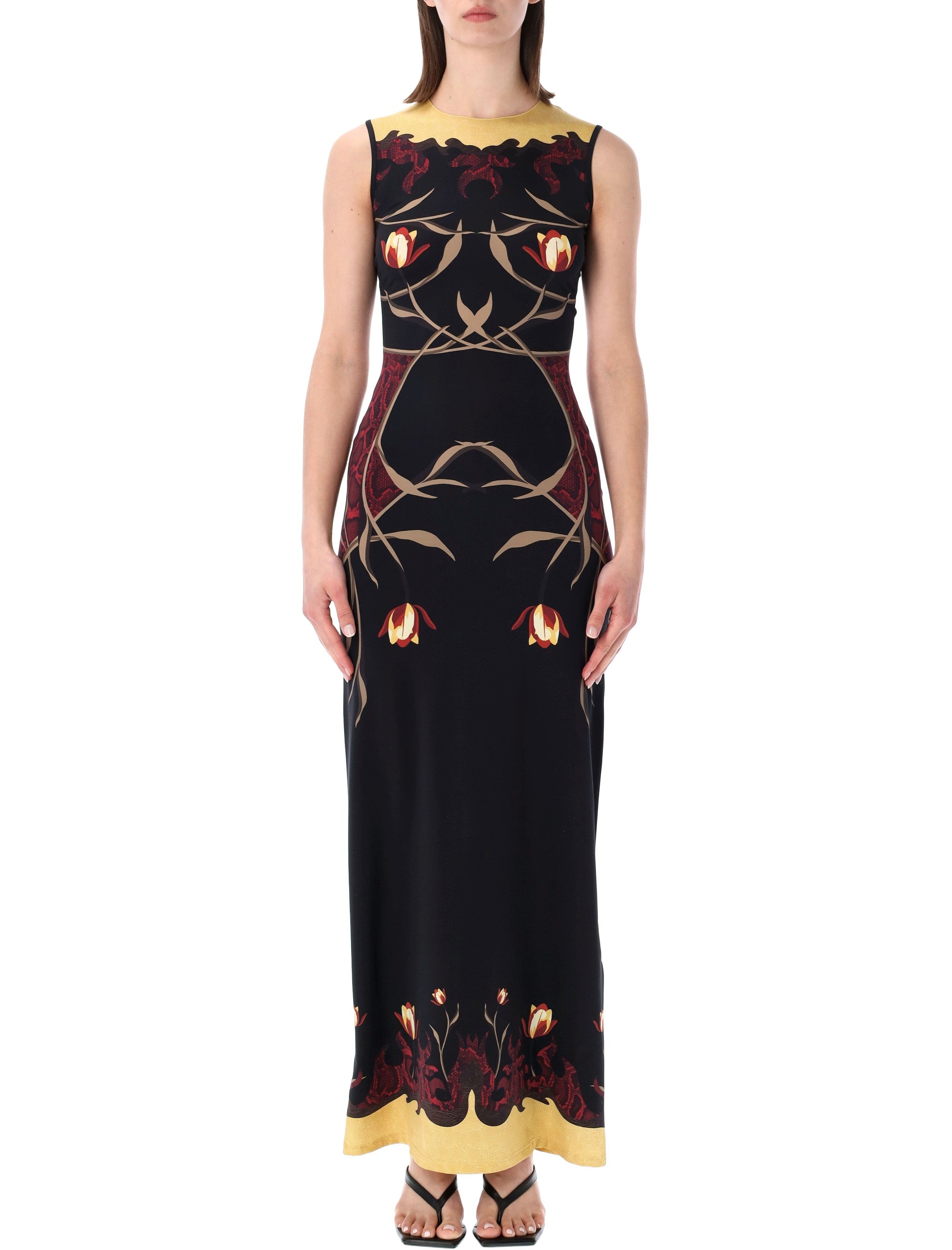 Marine Serre Foral Print Long Dress Black Red Polyamide