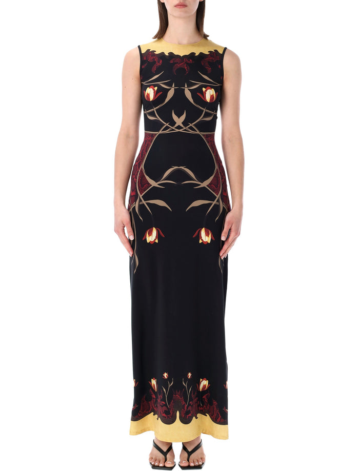 Marine Serre Foral Print Long Dress Black Red Polyamide