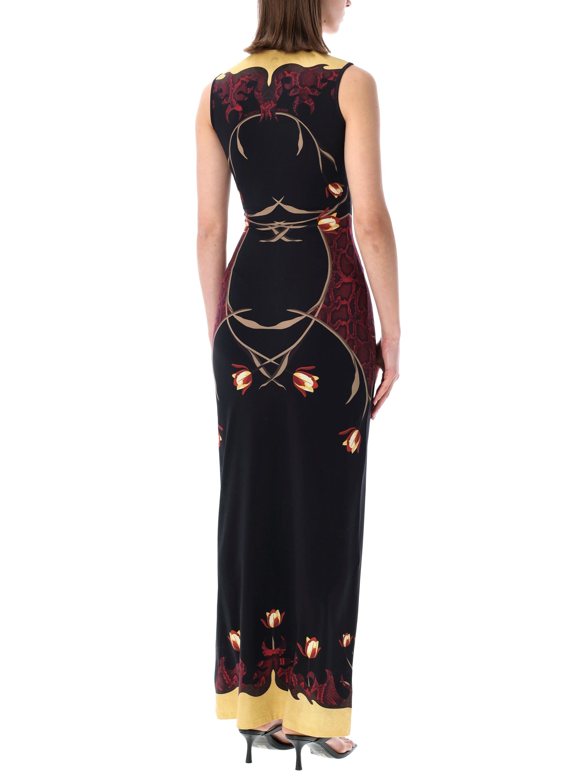 Marine Serre Foral Print Long Dress Black Red Polyamide