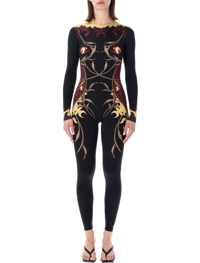 Marine Serre Floral Print Jersey Catsuit Black Red Polyamide Jumpsuit