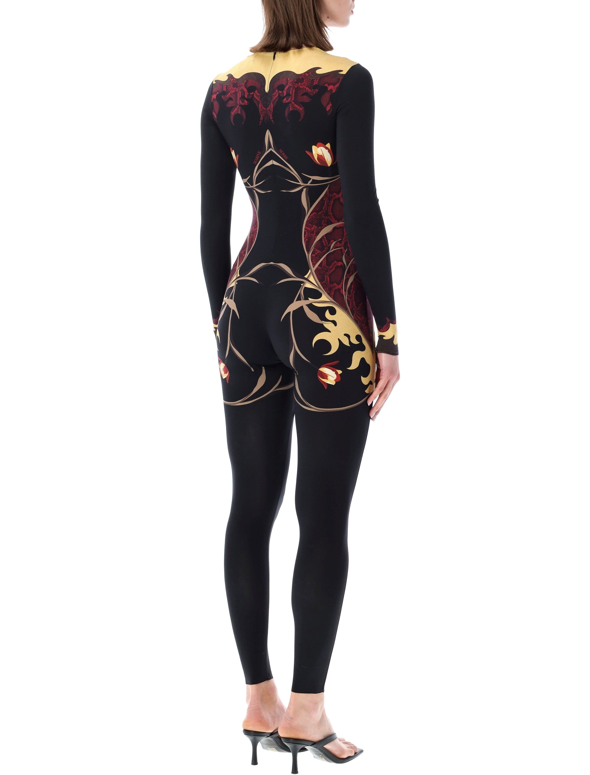 Marine Serre Floral Print Jersey Catsuit Black Red Polyamide Jumpsuit