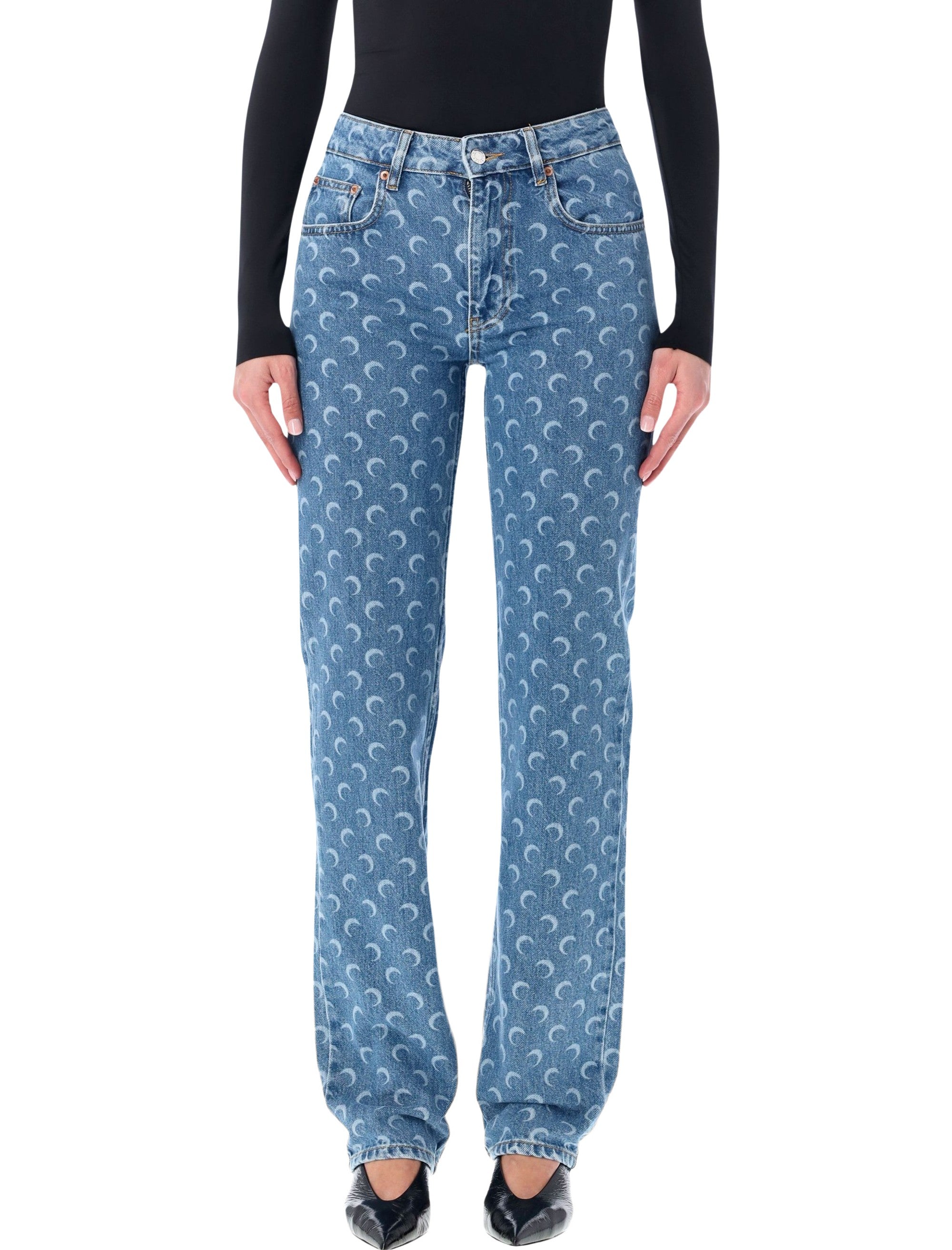 Marine Serre Moon Laser Blue Wash Straight Denim Jeans Light Cotton