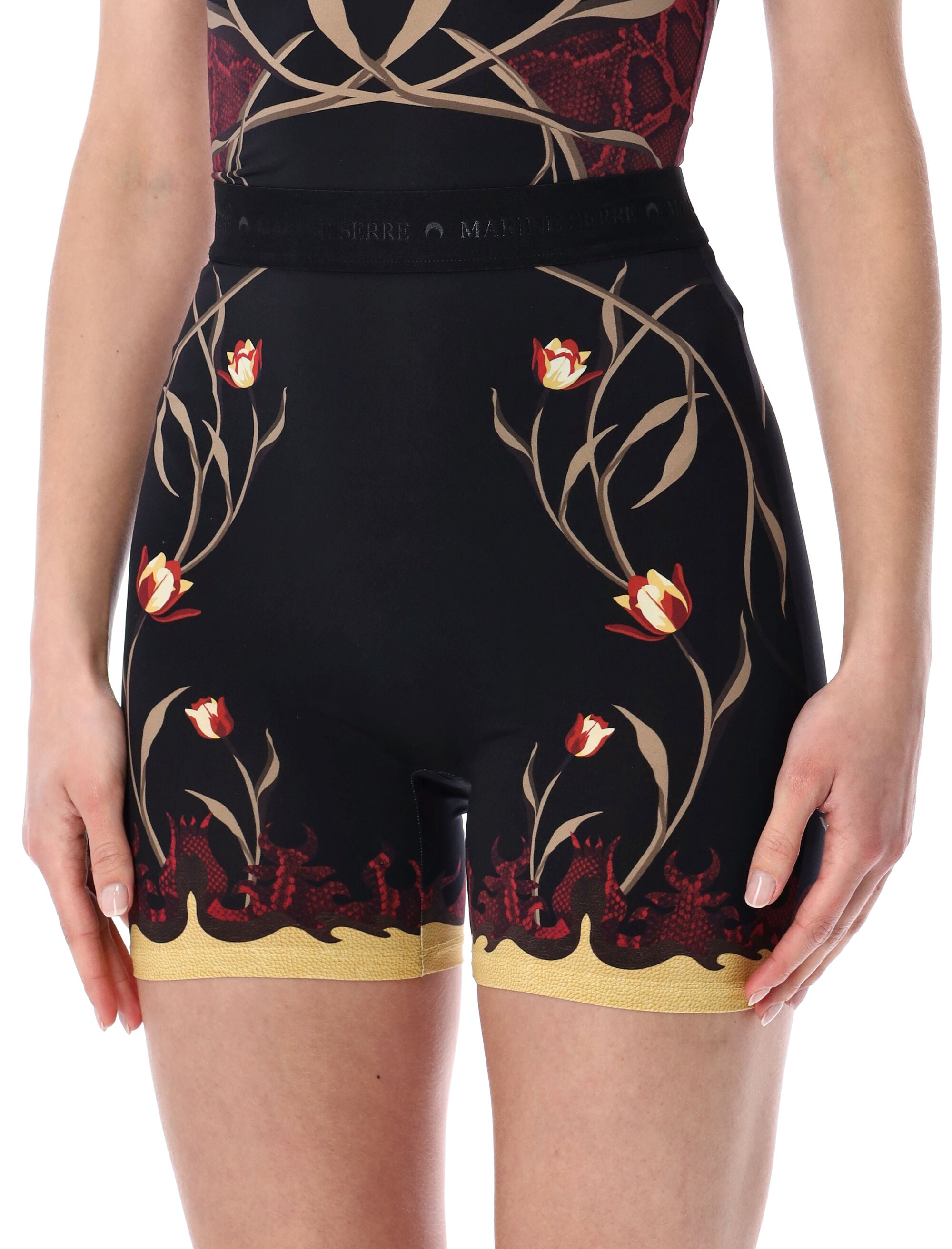 Marine Serre Floral Print Jersey Mini Shorts Black Red Polyamide