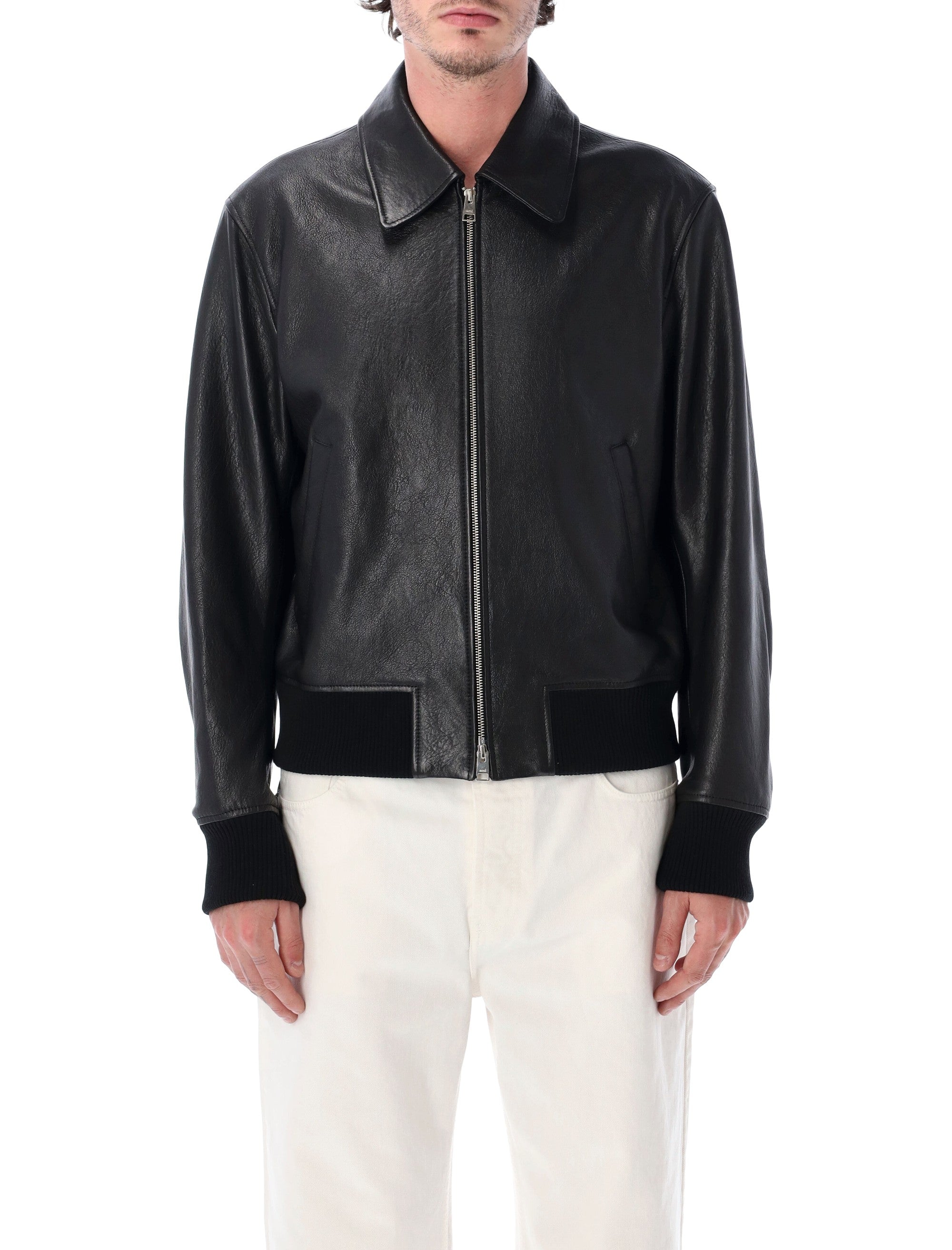 Ami Paris Black Lamb Leather Bomber Jacket Lining