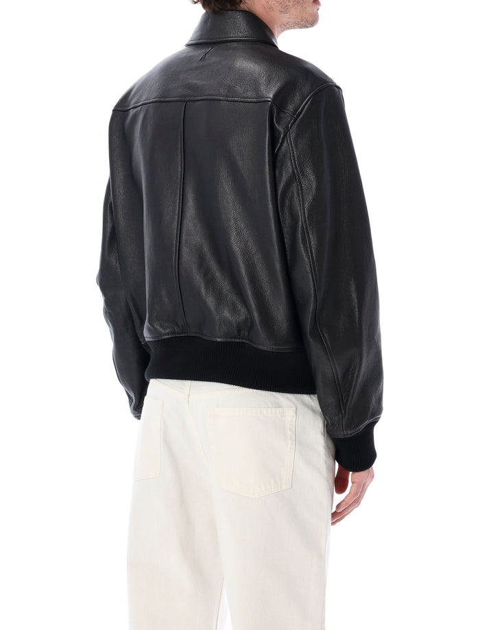 Ami Paris Black Lamb Leather Bomber Jacket Lining