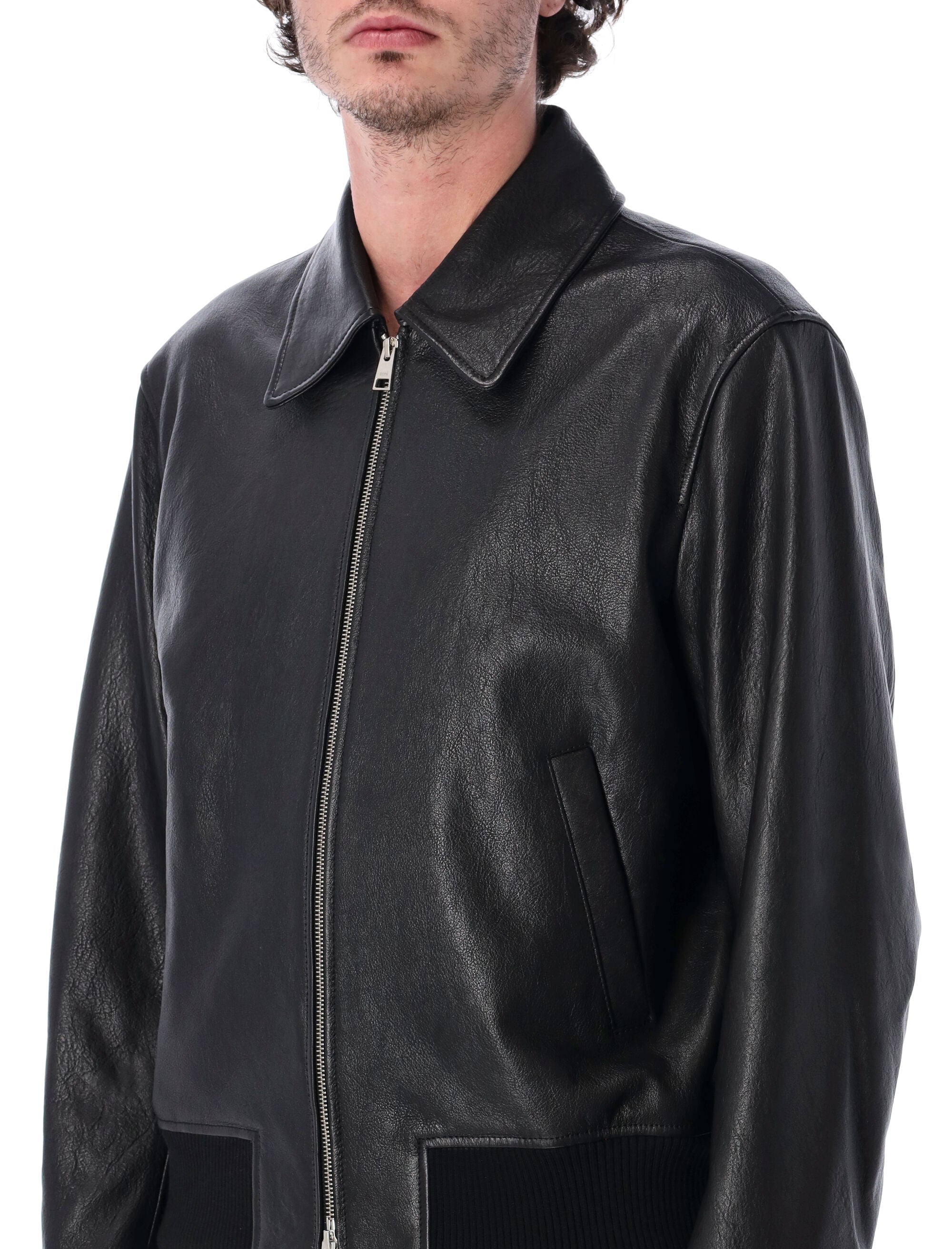 Ami Paris Black Lamb Leather Bomber Jacket Lining