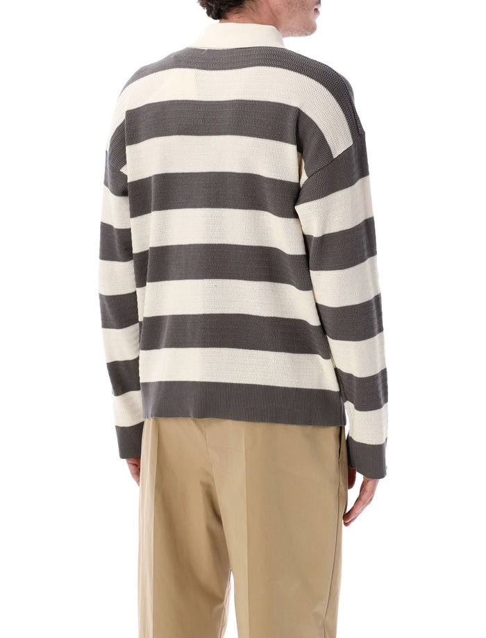 Ami Paris De Coeur Striped Cotton Cardigan White Grey