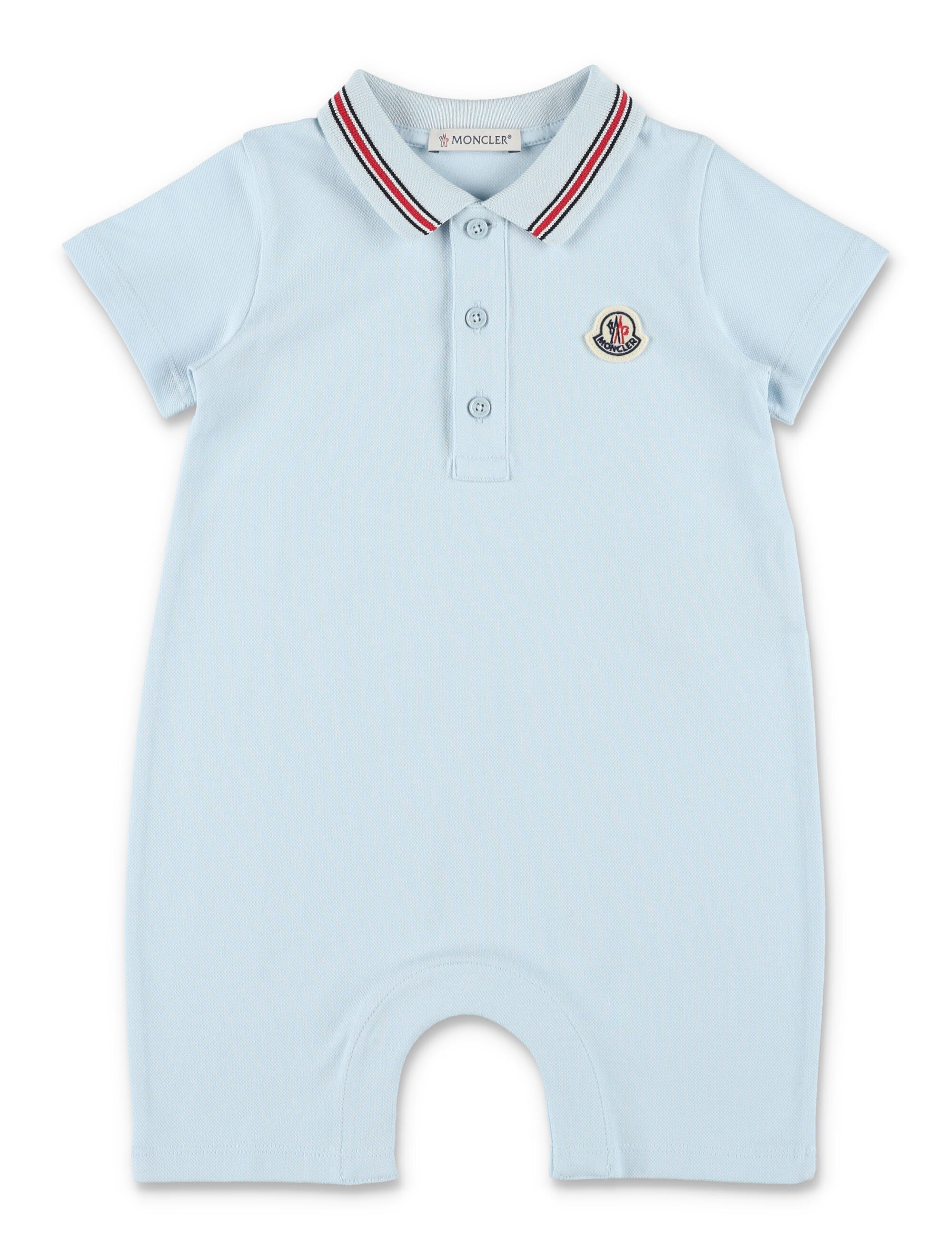 Moncler baby cotton piqué romper with tricolour trim Light Blue Elastane Jumpsuit
