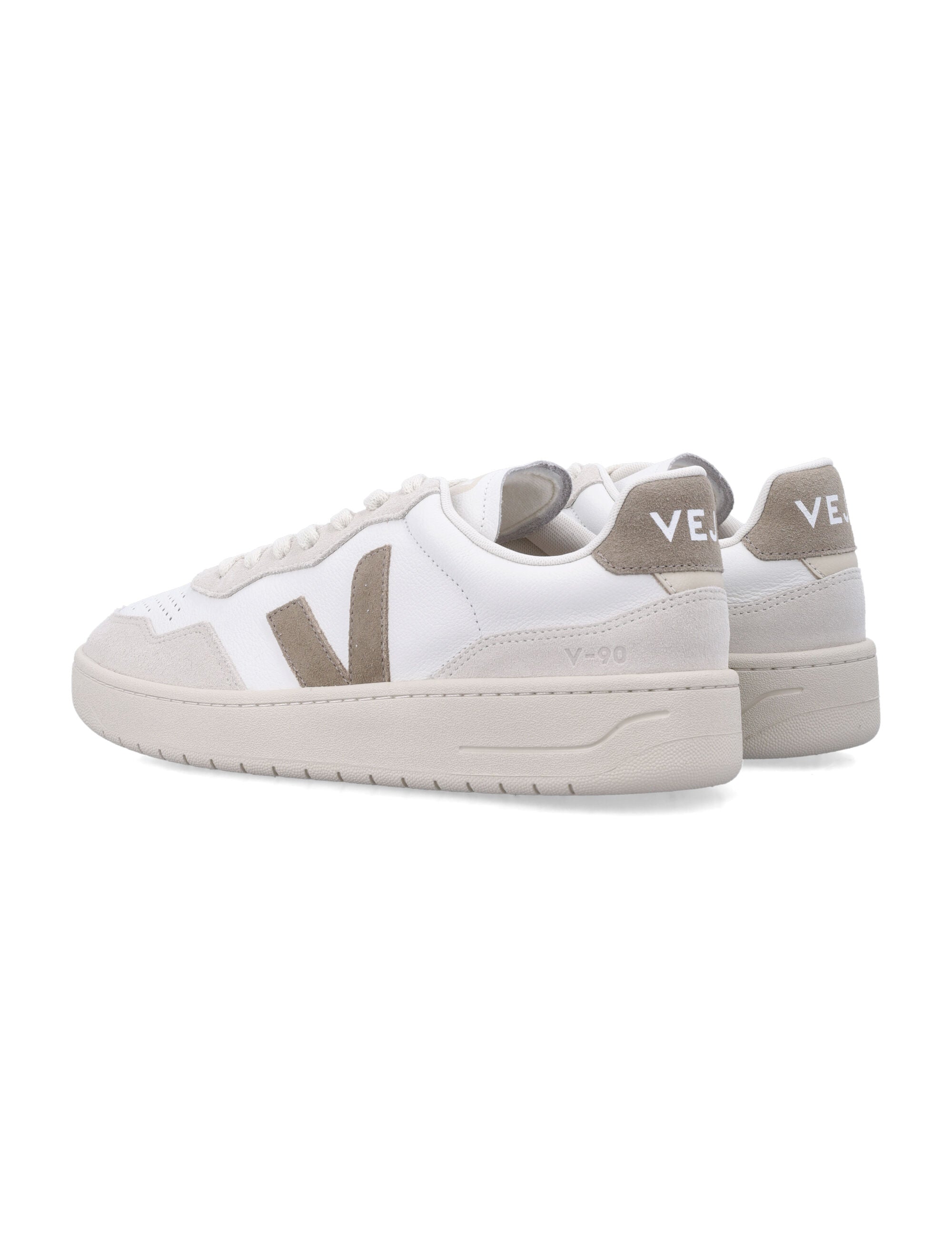 Veja V-90 Leather Sneakers in white and taupe Upper