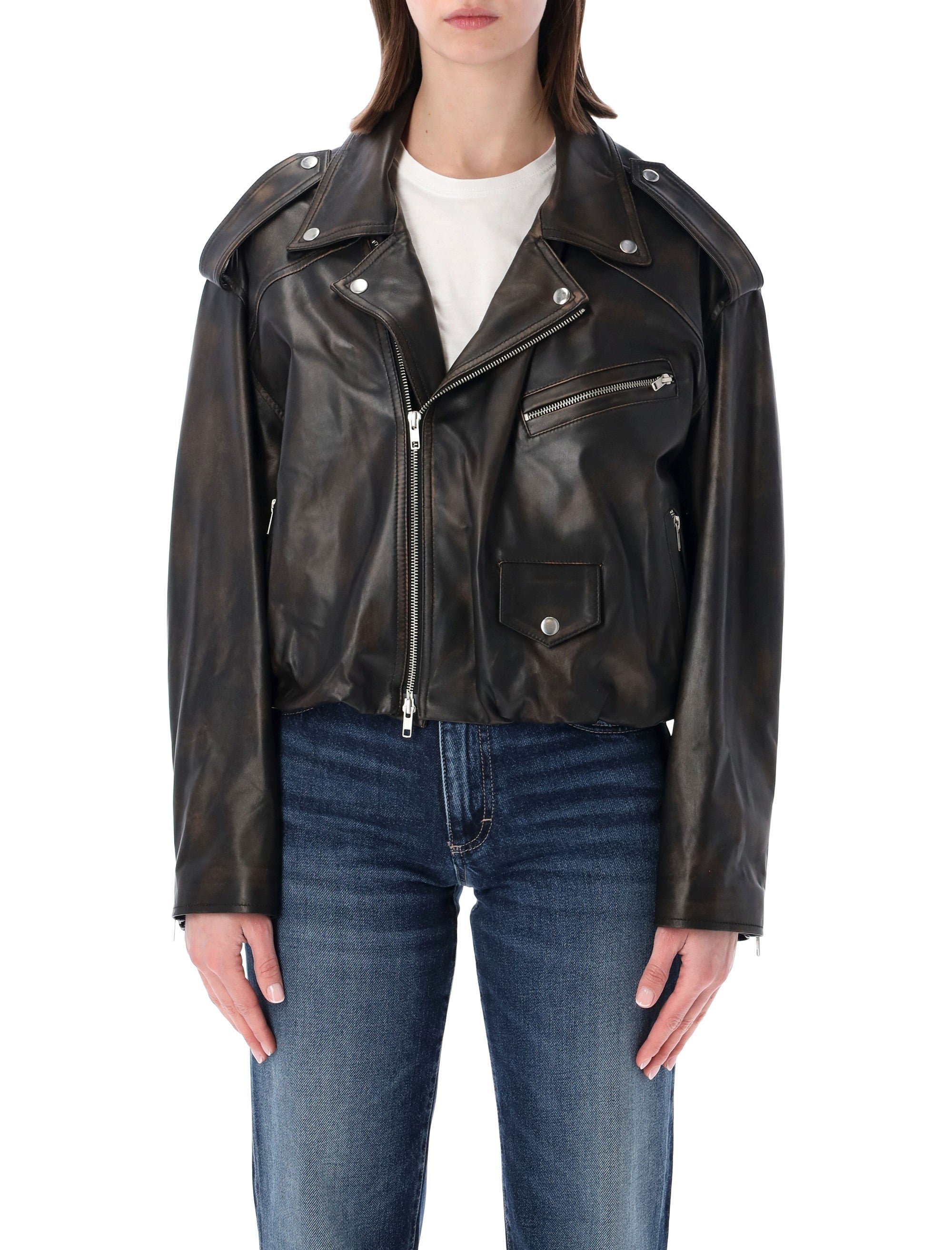 Sword Elastic Hem Leather Jacket Damage Black Ovine