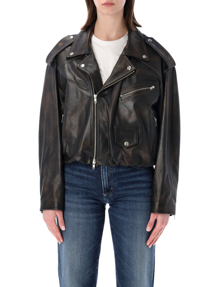 Sword Elastic Hem Leather Jacket Damage Black Ovine
