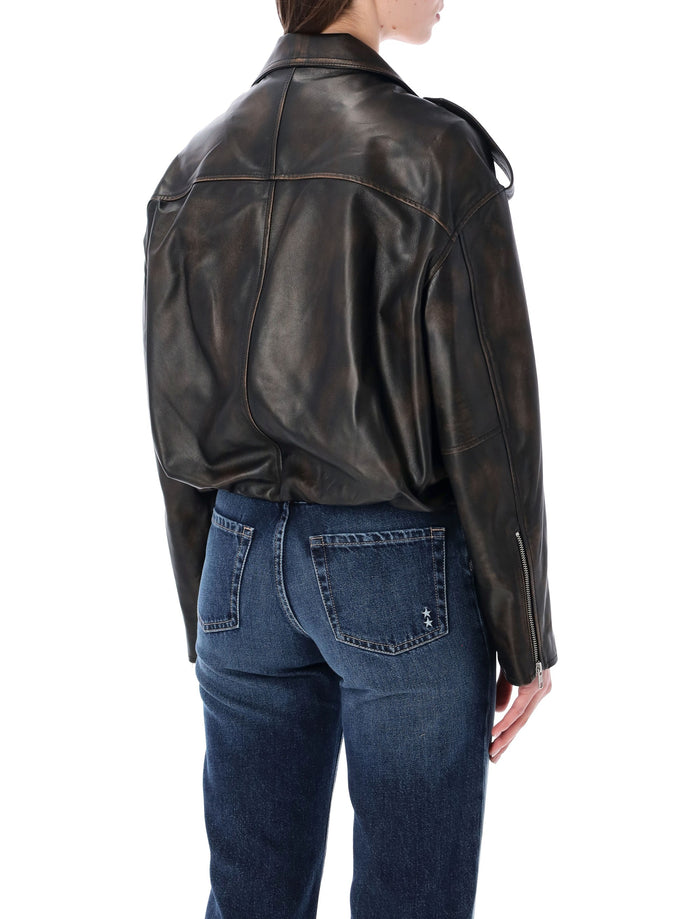Sword Elastic Hem Leather Jacket Damage Black Ovine