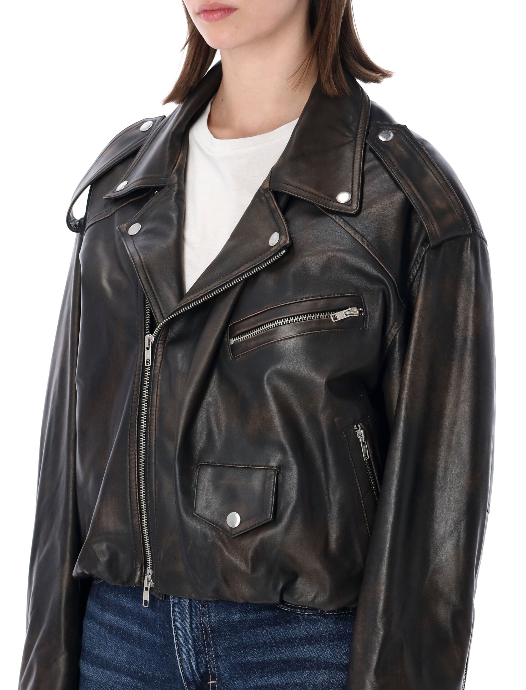 Sword Elastic Hem Leather Jacket Damage Black Ovine