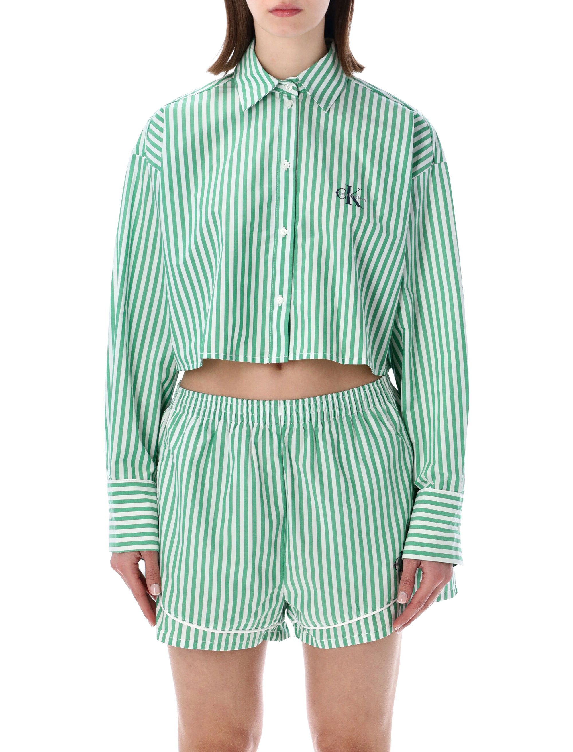 Calvin Klein Cropped Cotton Poplin Pajama Top Green White Stripe Shirt