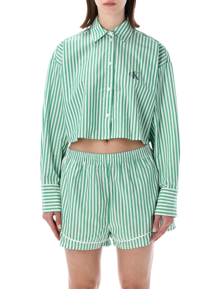 Calvin Klein Cropped Cotton Poplin Pajama Top Green White Stripe Shirt