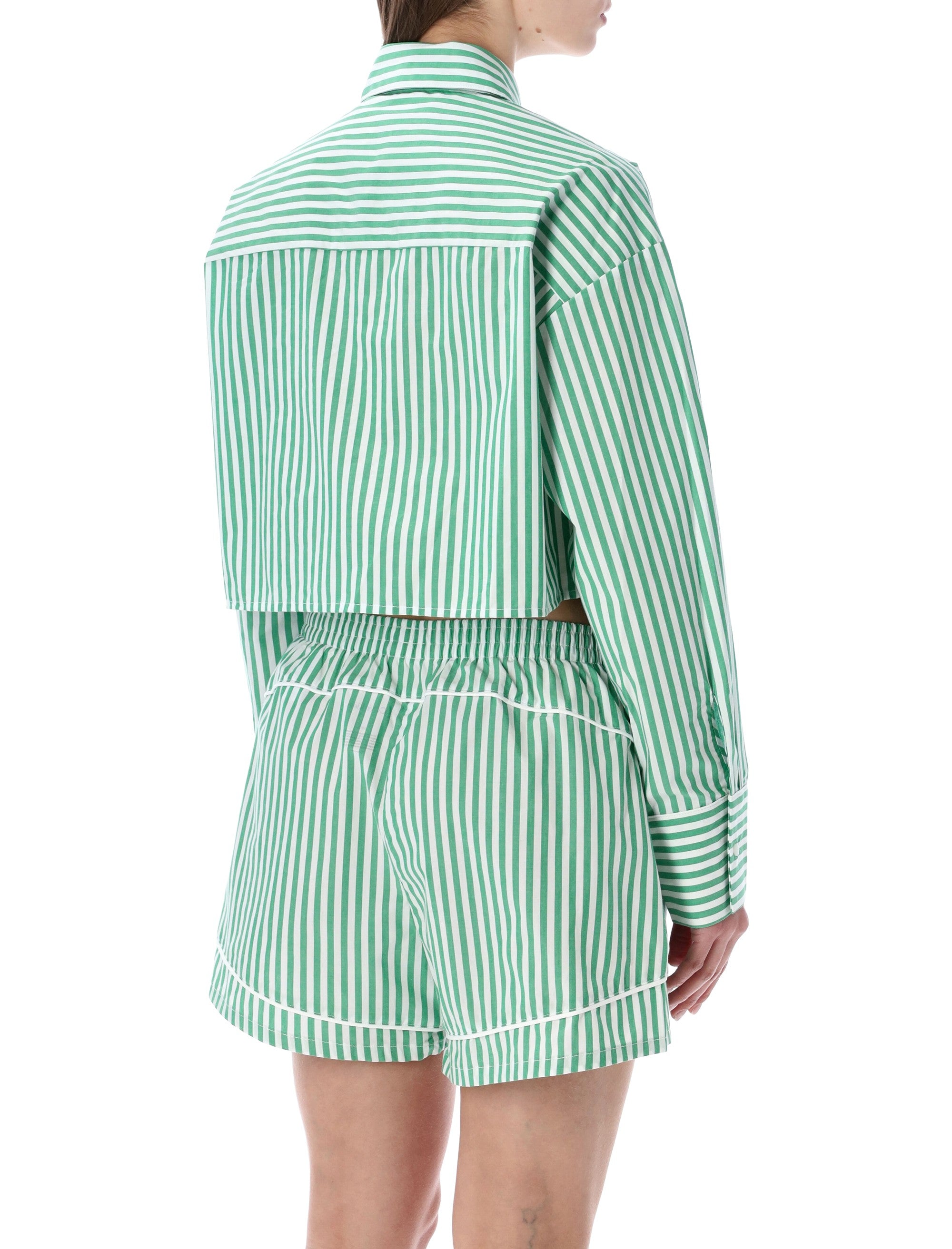 Calvin Klein Cropped Cotton Poplin Pajama Top Green White Stripe Shirt