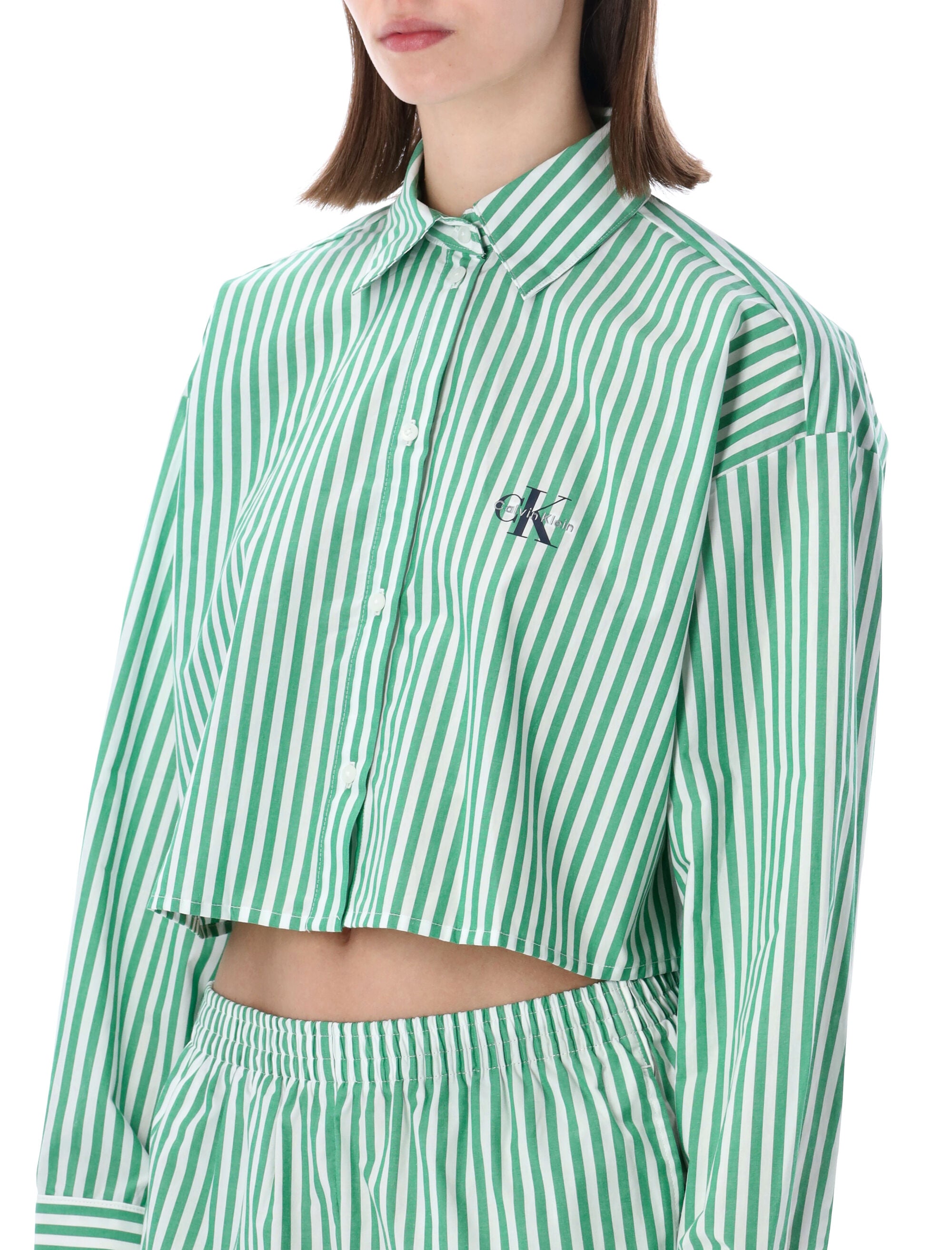 Calvin Klein Cropped Cotton Poplin Pajama Top Green White Stripe Shirt