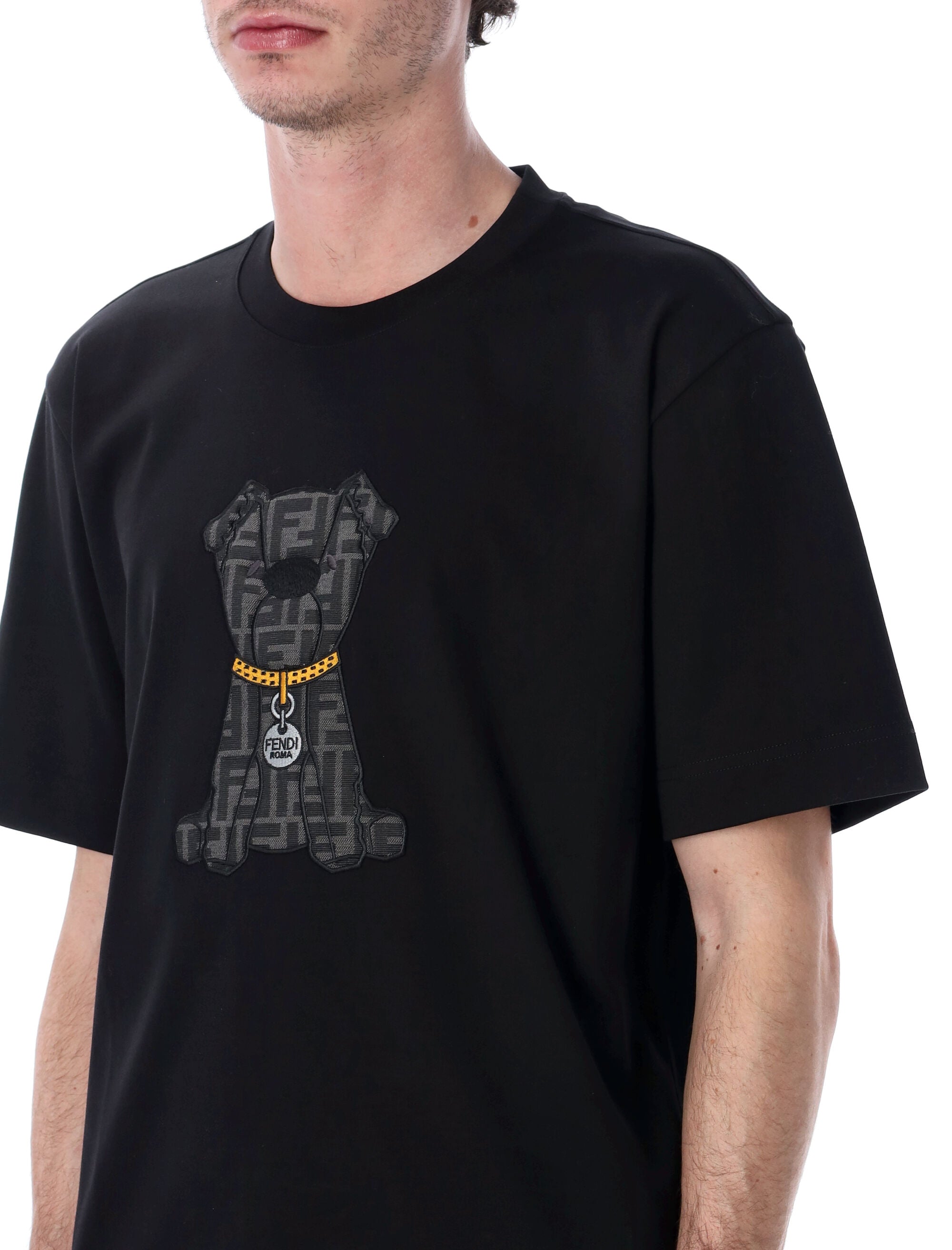 Fendi cotton jersey t-shirt with dog patch Black Tshirt