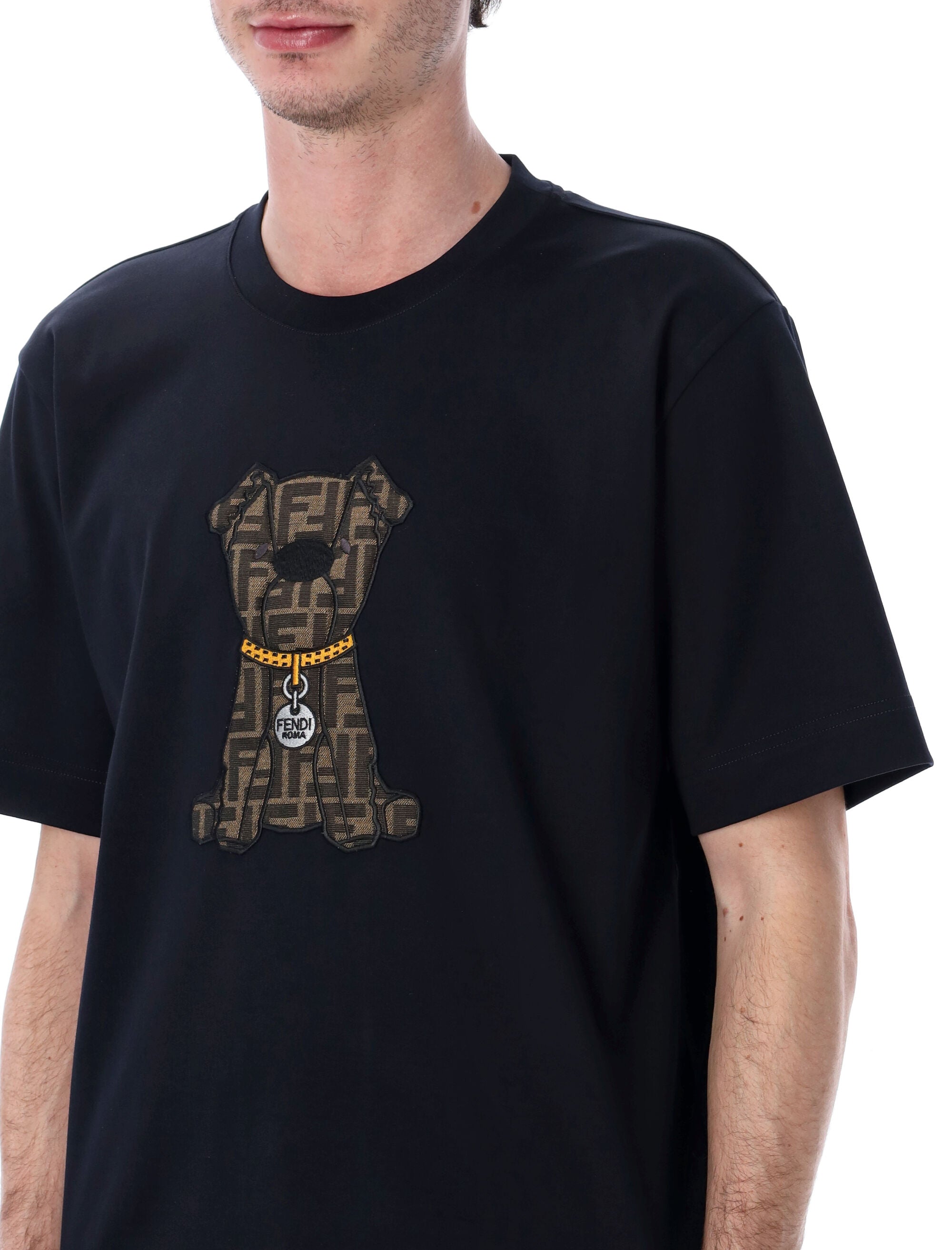 Fendi cotton jersey t-shirt with dog patch Dark Blue Tshirt