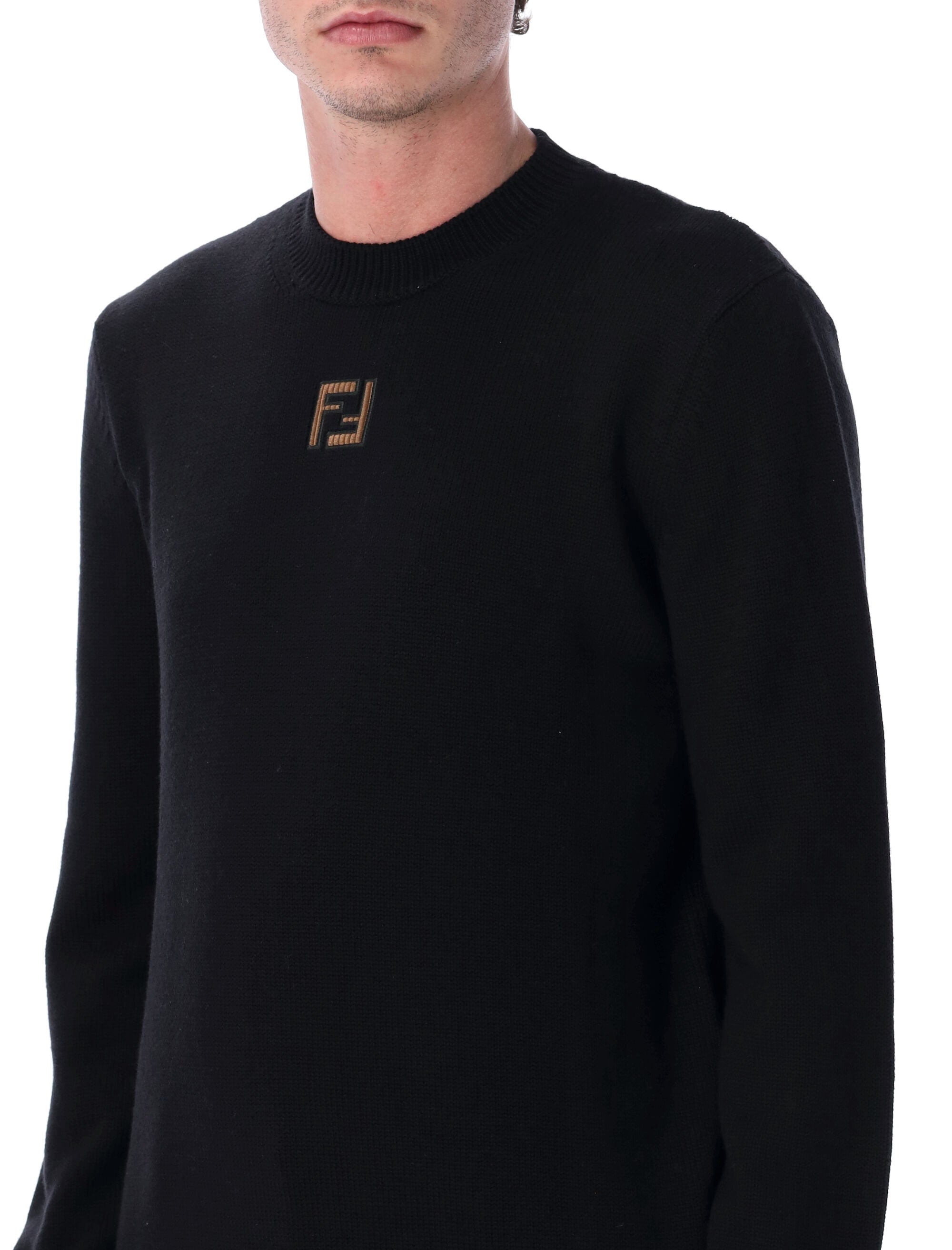 Fendi black wool knit FF pullover Nero+nocciola Virgin Sweater