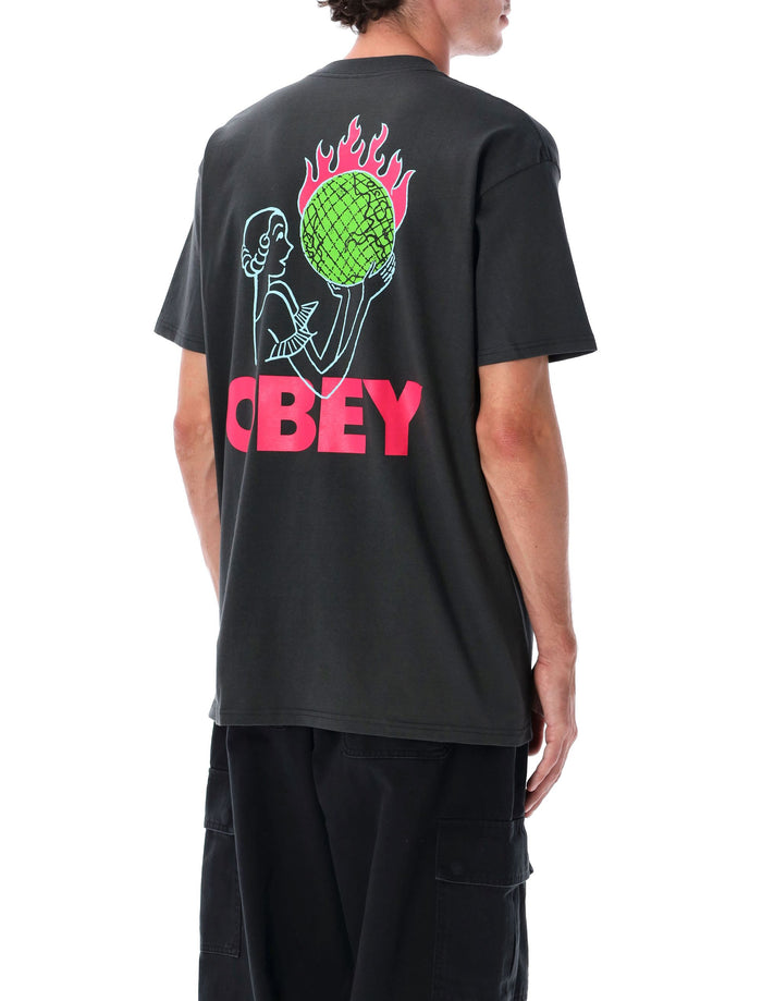 Obey World in Flames T-shirt Vintage Black Cotton Tshirt