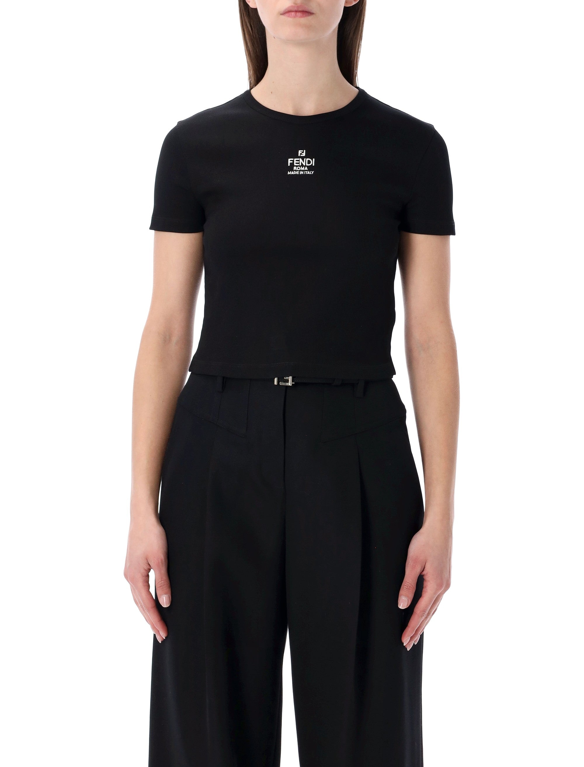 Fendi Ribbed Cotton T-Shirt Black Tshirt