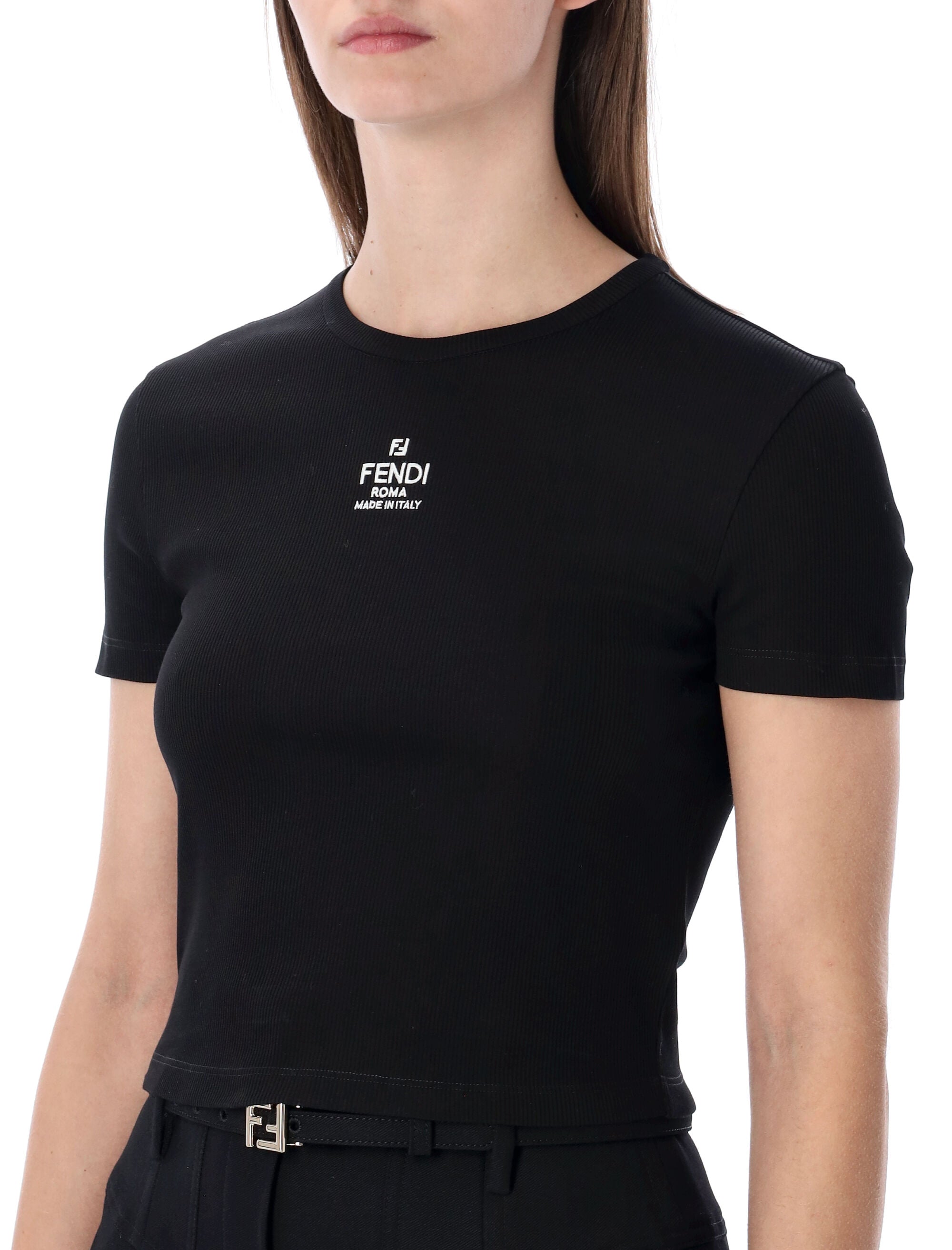 Fendi Ribbed Cotton T-Shirt Black Tshirt