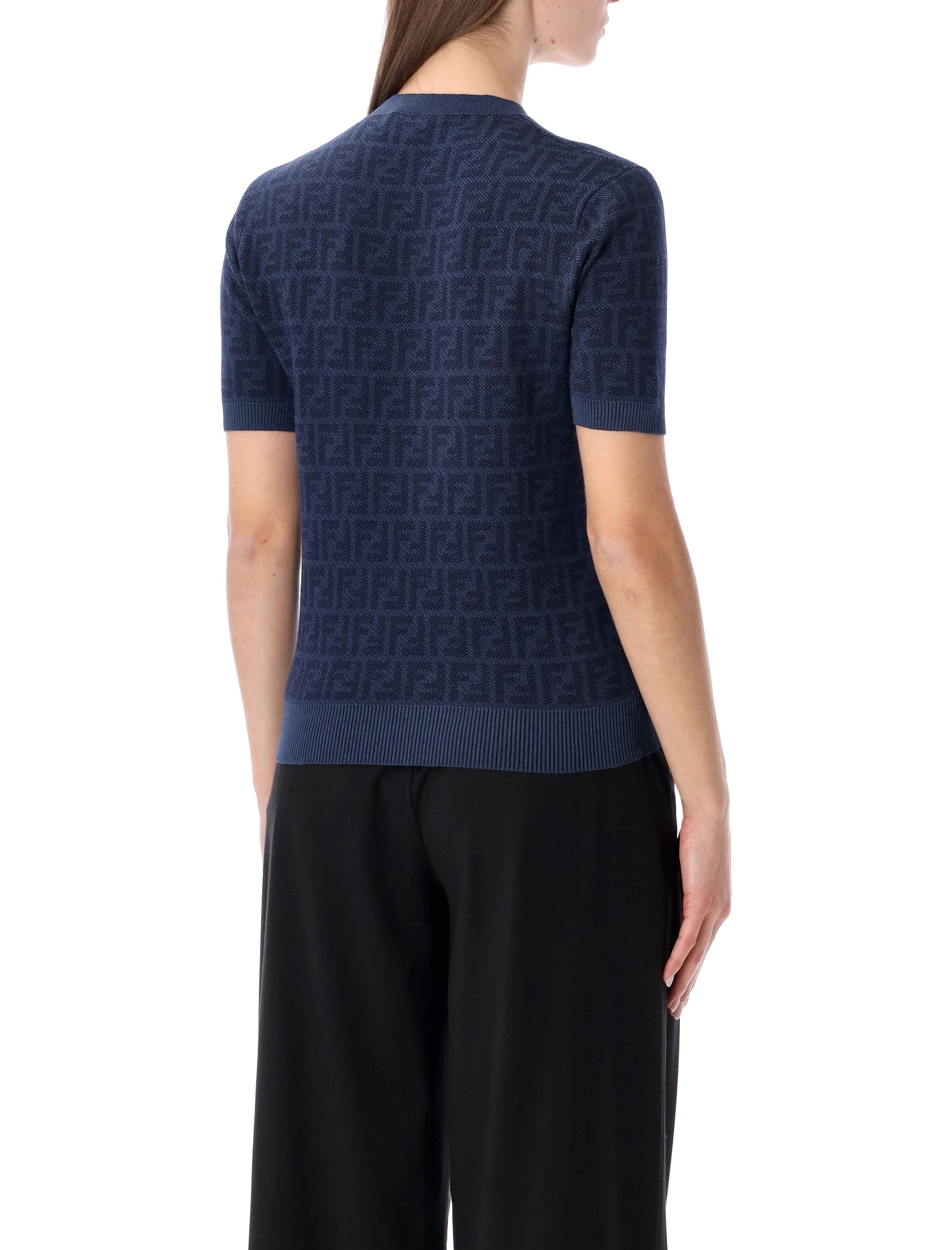 Fendi Ff Wool Silk Jacquard Jumper Dark Blue Sweater