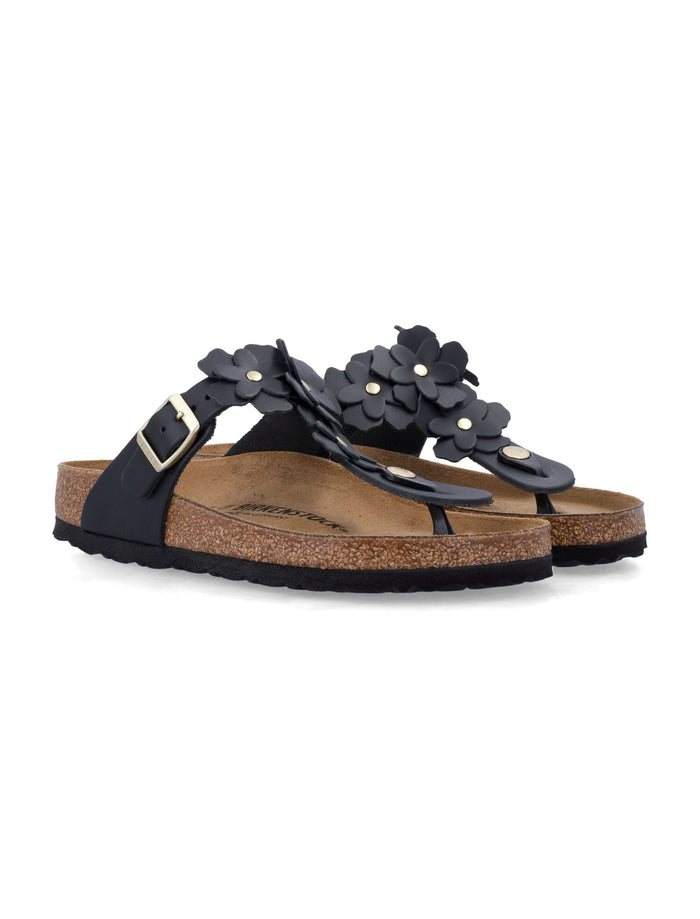 Birkestock Gizeh Black Leather Flower Sandals Upper