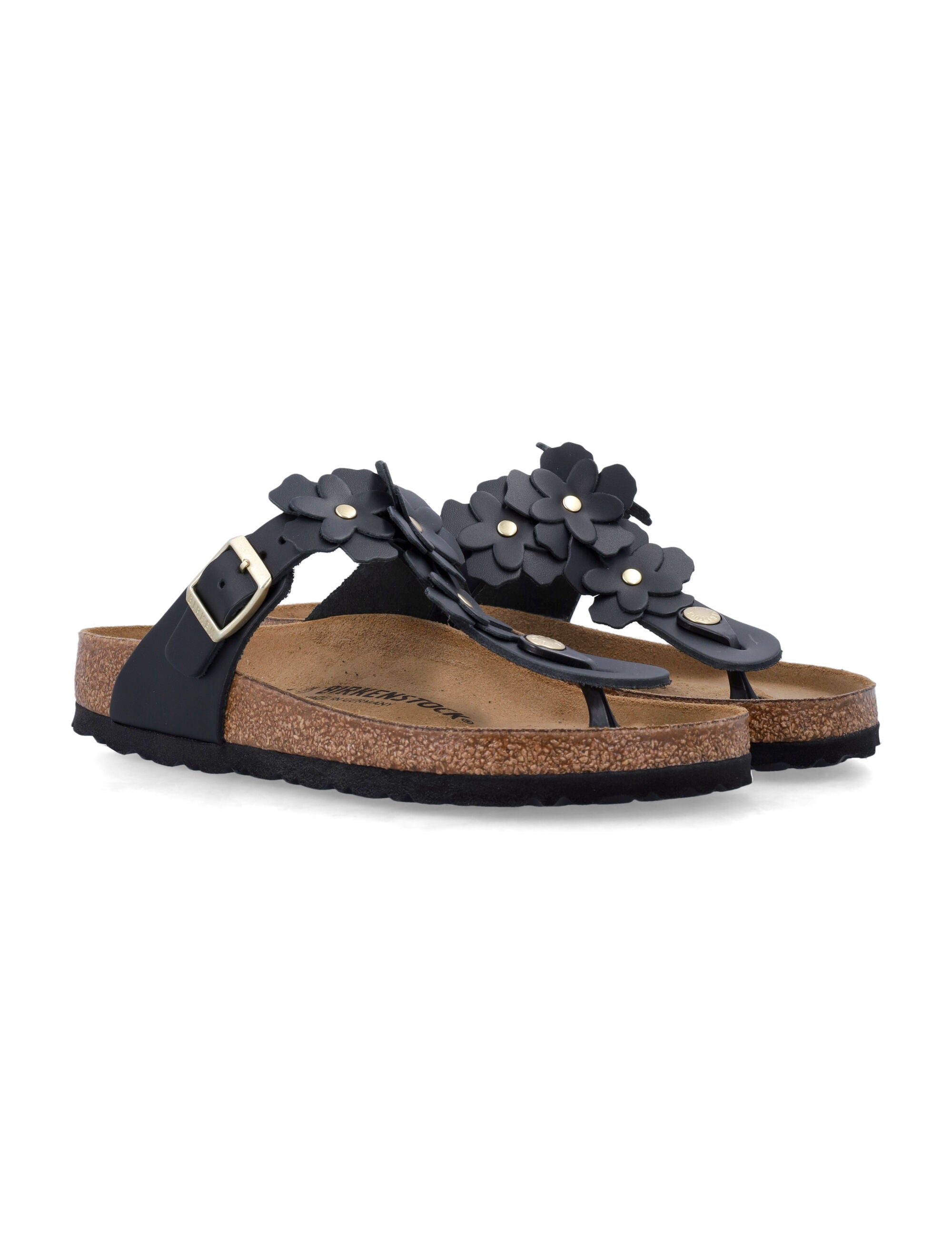 Birkestock Gizeh Black Leather Flower Sandals Upper