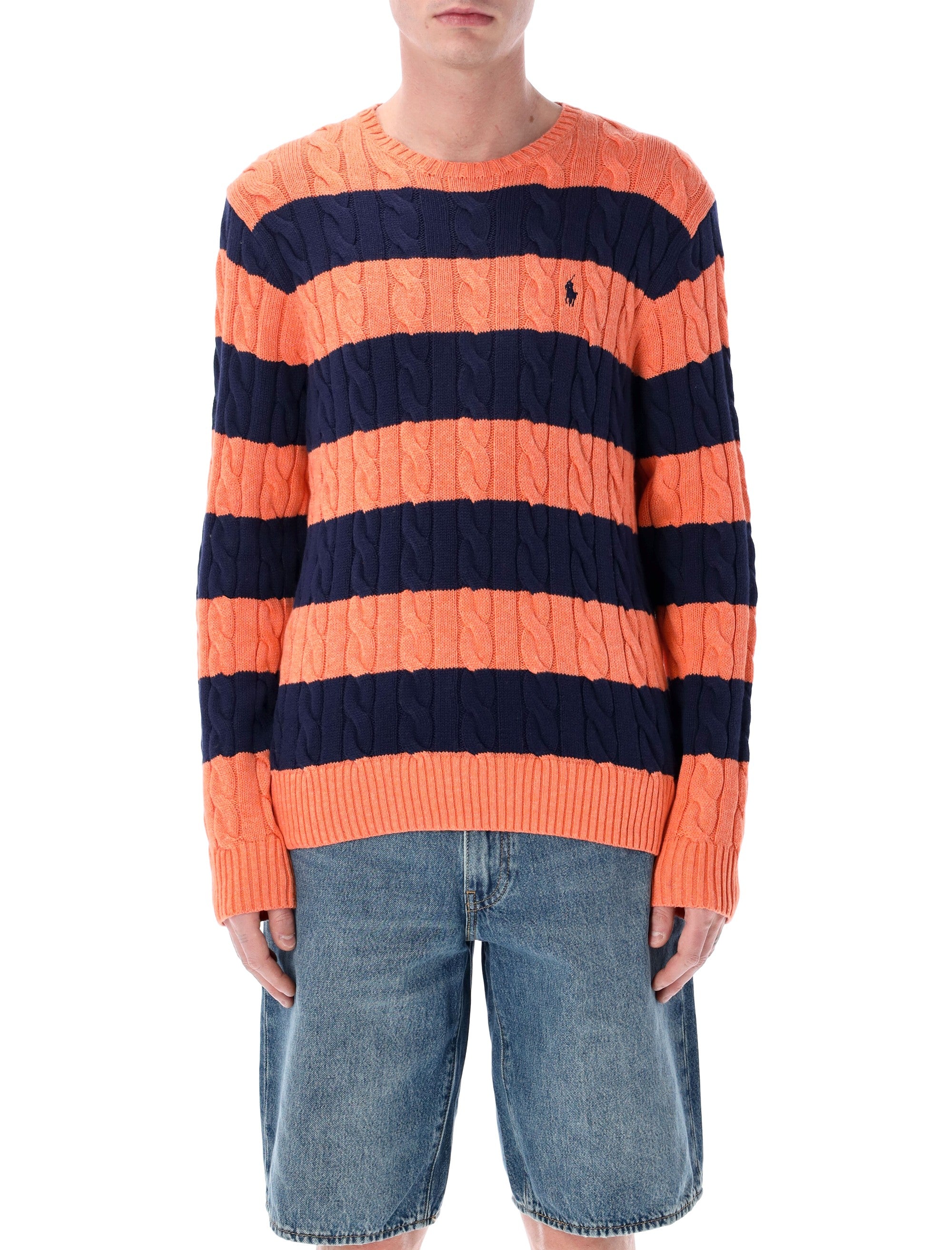 Polo Ralph Lauren striped cable knit sweater Orange Navy Cotton