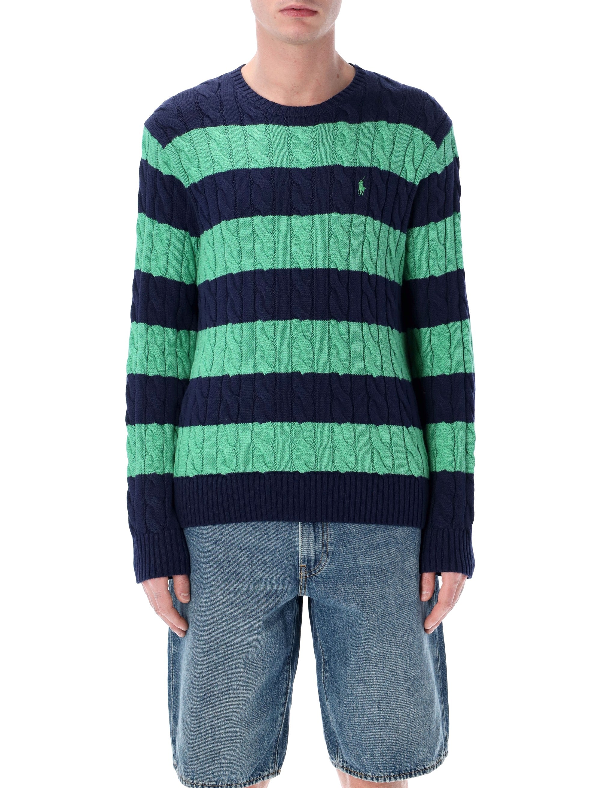 Polo Ralph Lauren striped cable knit sweater Navy Green Cotton