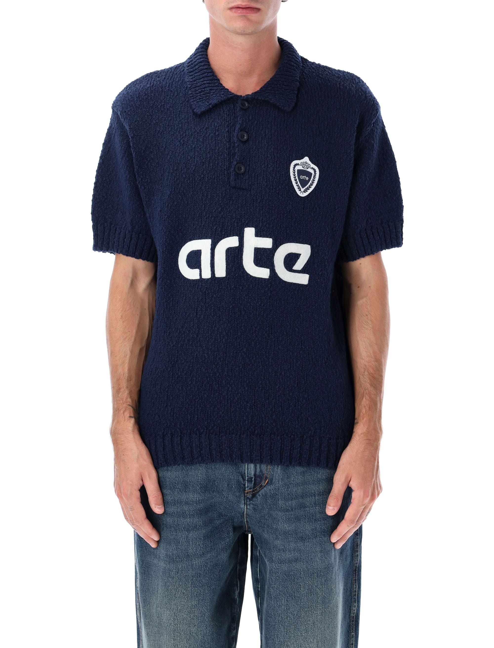 Arte Antwerp Football Knit blue cotton polo sweater with embroidered logo Navy