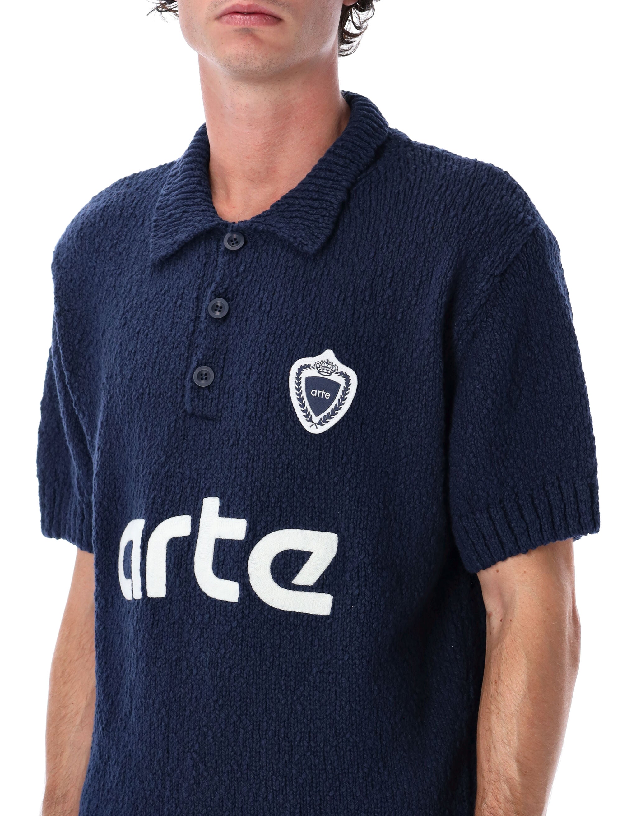 Arte Antwerp Football Knit blue cotton polo sweater with embroidered logo Navy