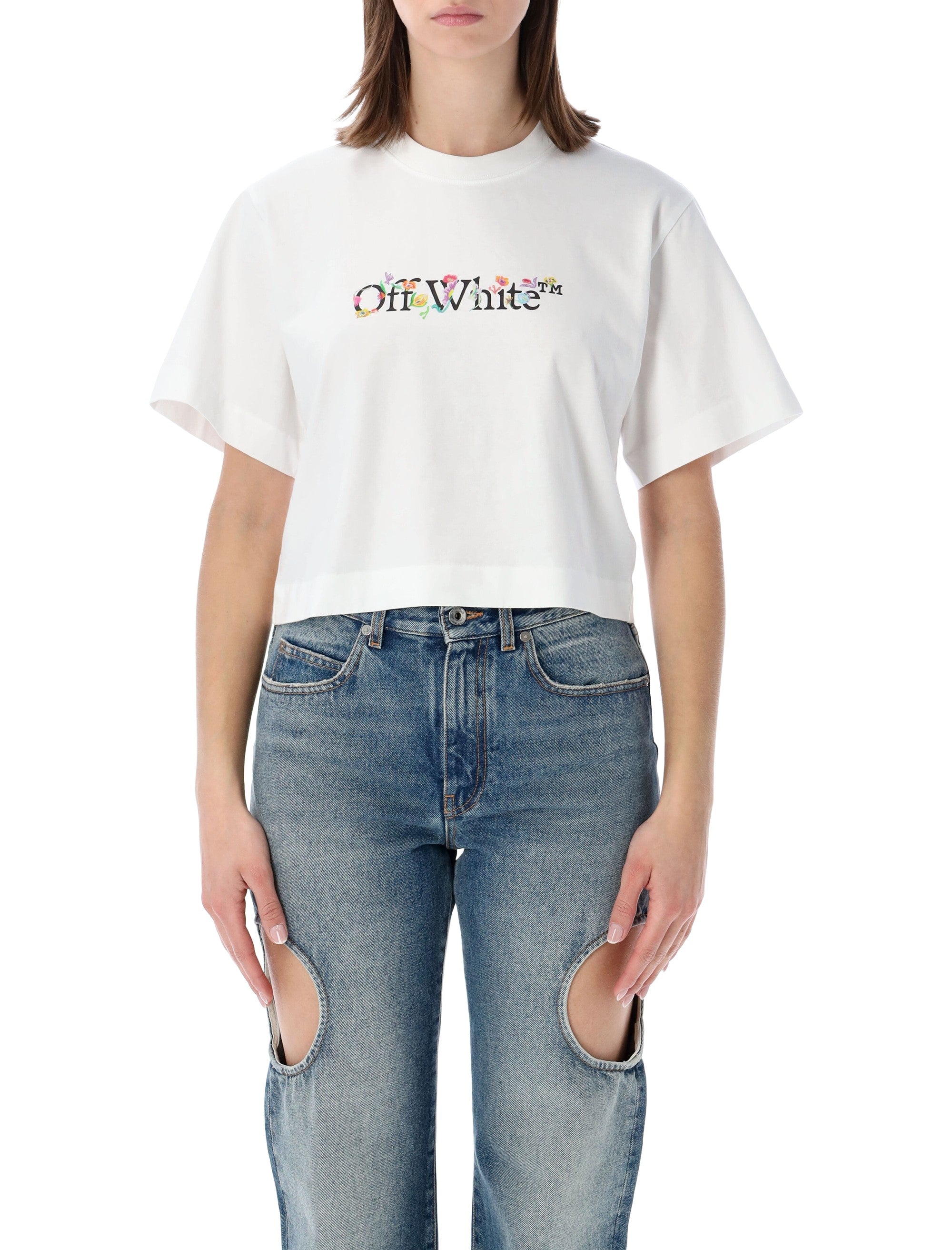 Off-White Flower Cropped T-Shirt Cotton Tshirt