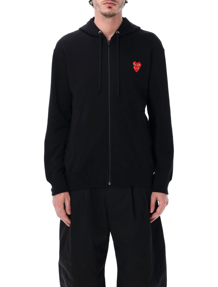 Comme Des Garçons Play Double Heart Zip-Up Hoodie Black Cotton Sweatshirt