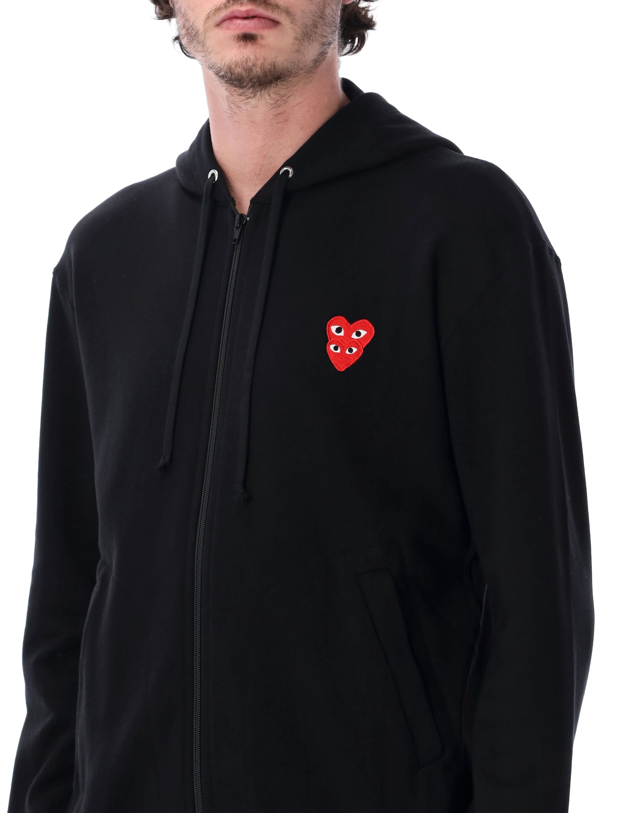 Comme Des Garçons Play Double Heart Zip-Up Hoodie Black Cotton Sweatshirt