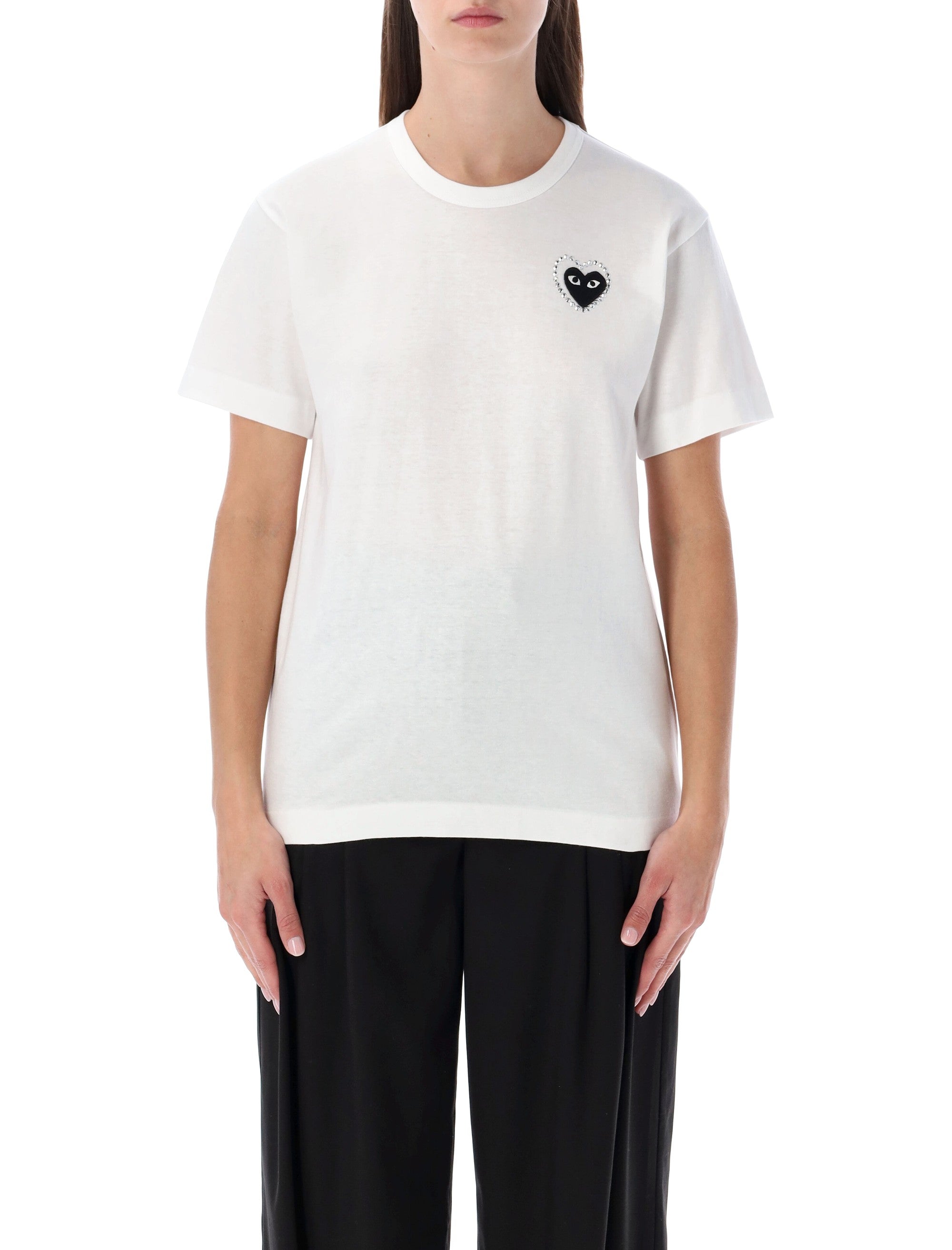 Comme Des Garçons Play White Cotton T-Shirt With Crystal Heart Black Tshirt