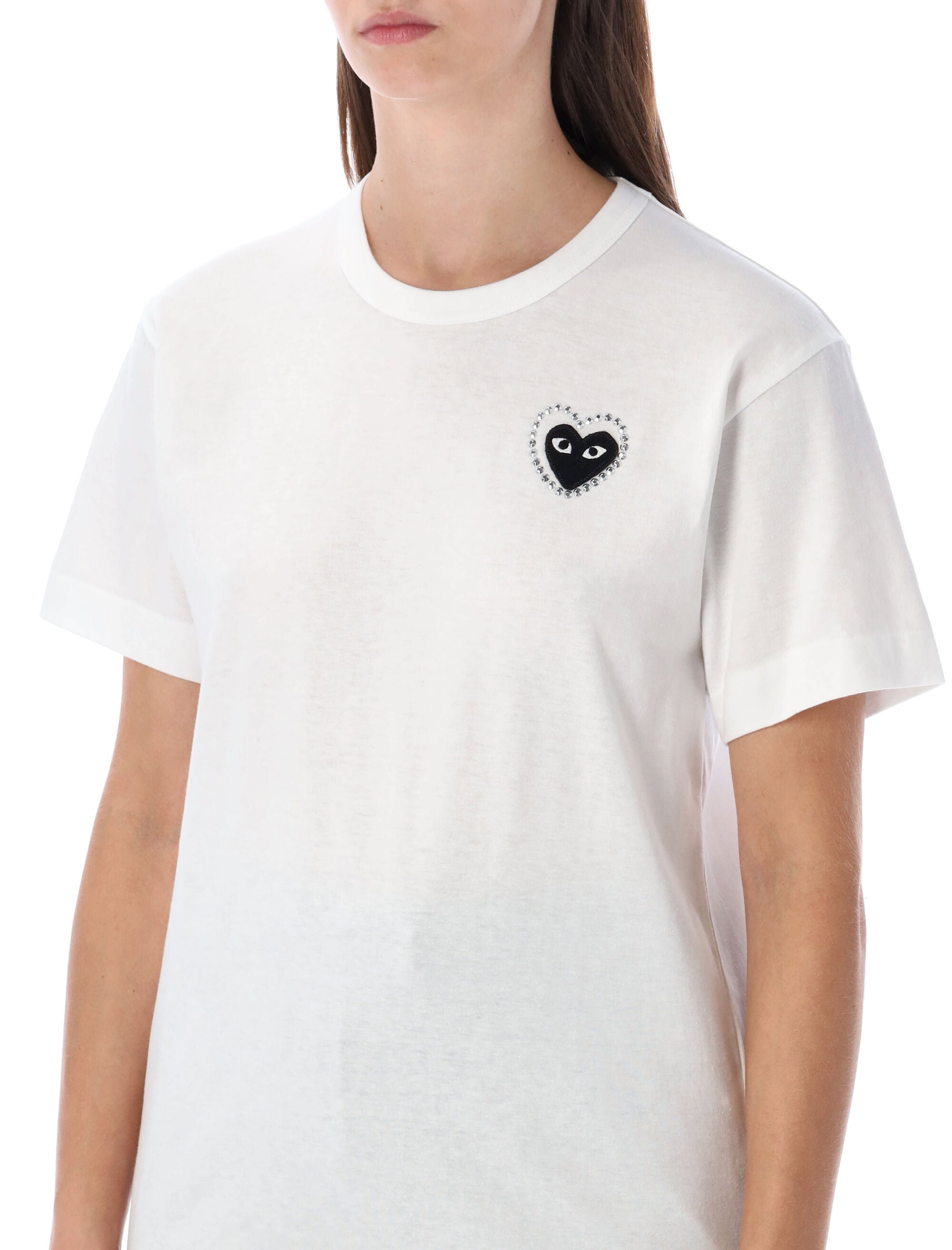 Comme Des Garçons Play White Cotton T-Shirt With Crystal Heart Black Tshirt