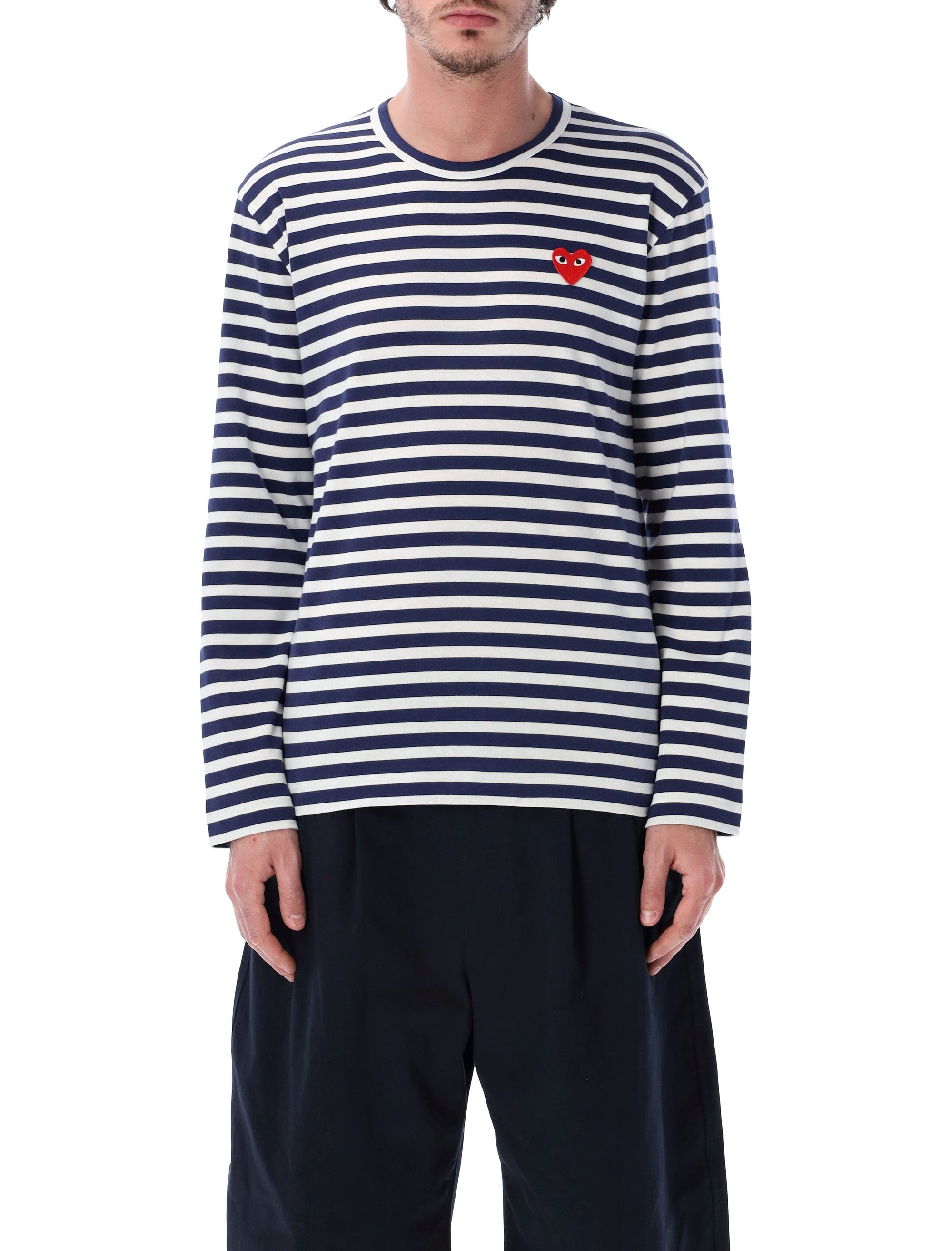 Comme Des Garçons Play Blue And White Striped T-Shirt Navy Cotton