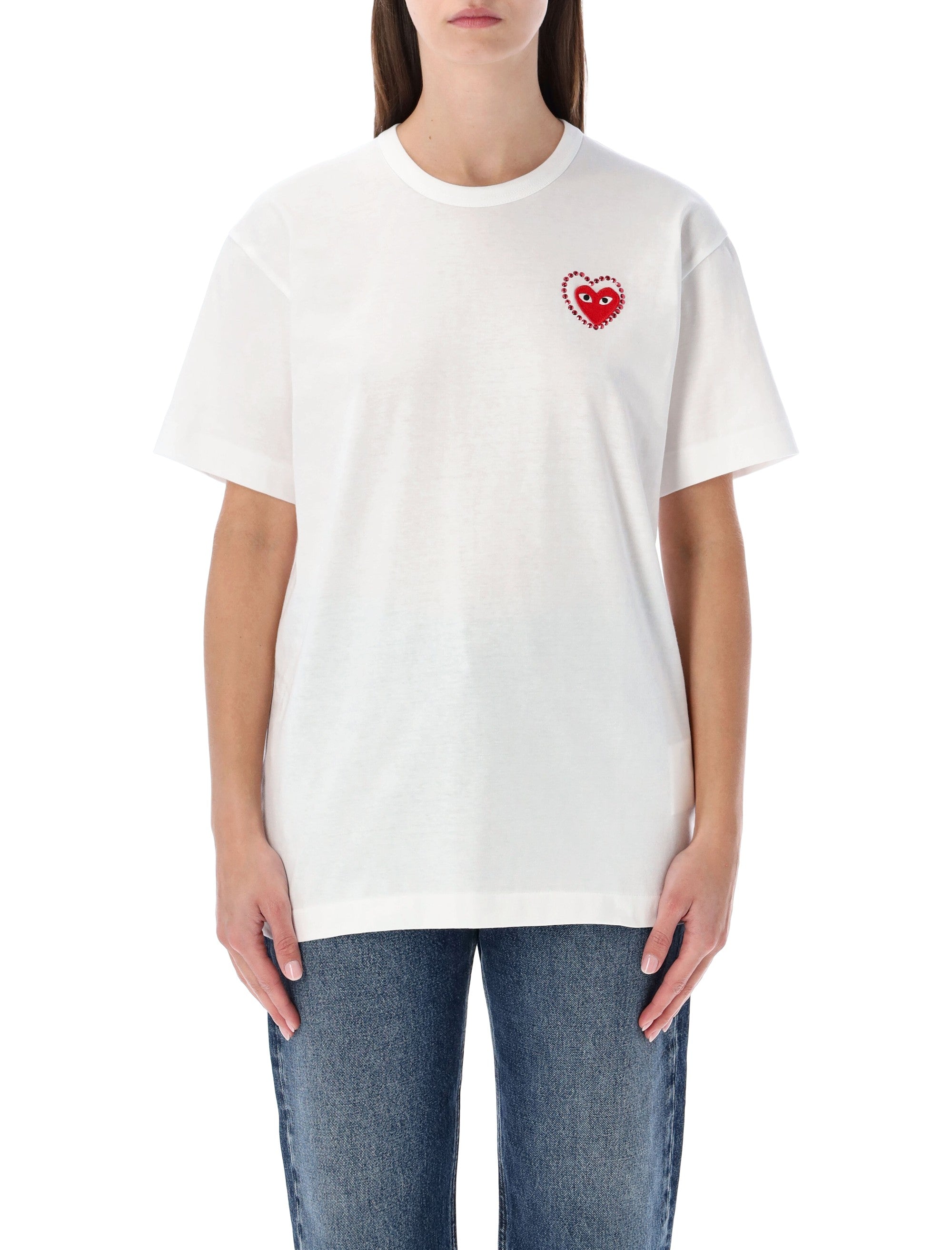 Comme des Garçons Play white cotton t-shirt with crystal heart Red Tshirt