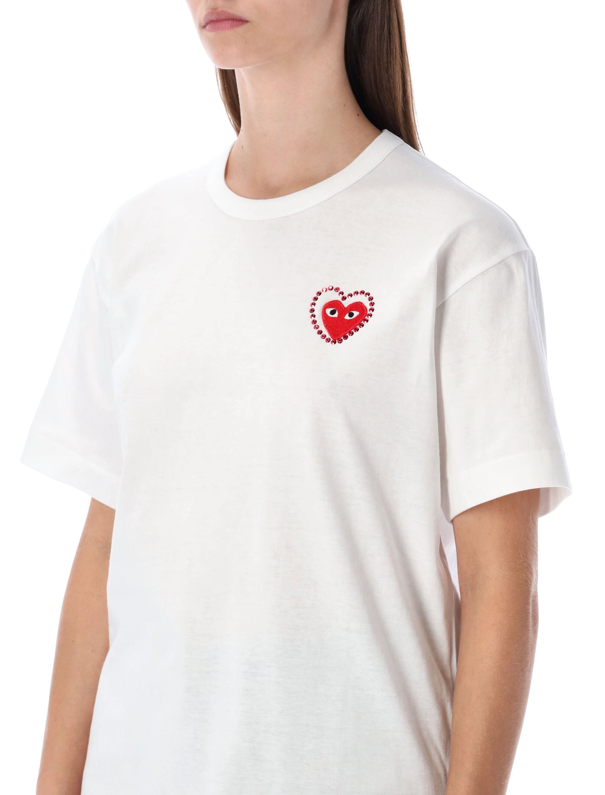 Comme des Garçons Play white cotton t-shirt with crystal heart Red Tshirt