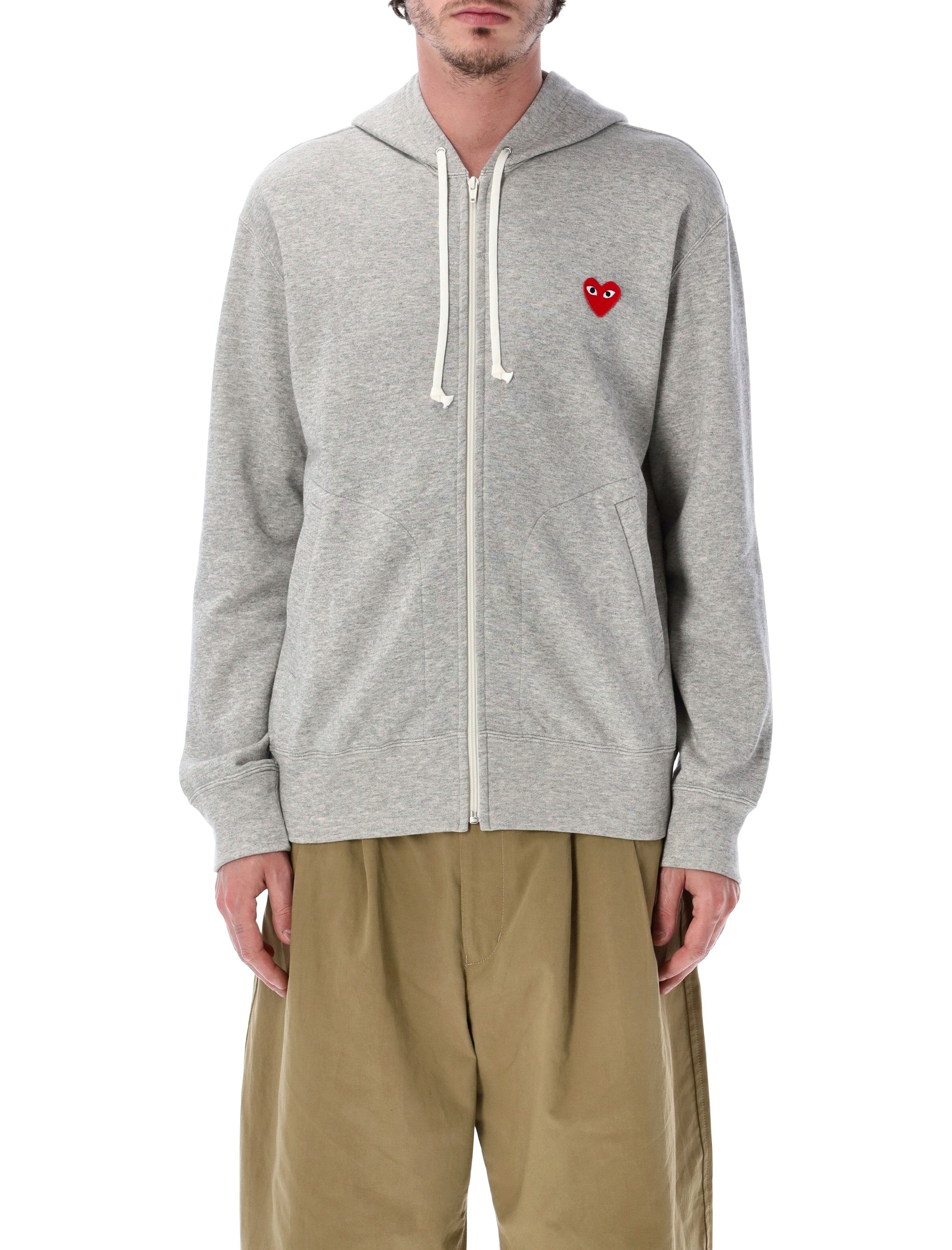 Comme Des Garçons Play Red Heart Zip-Up Hoodie Grey Cotton Sweatshirt