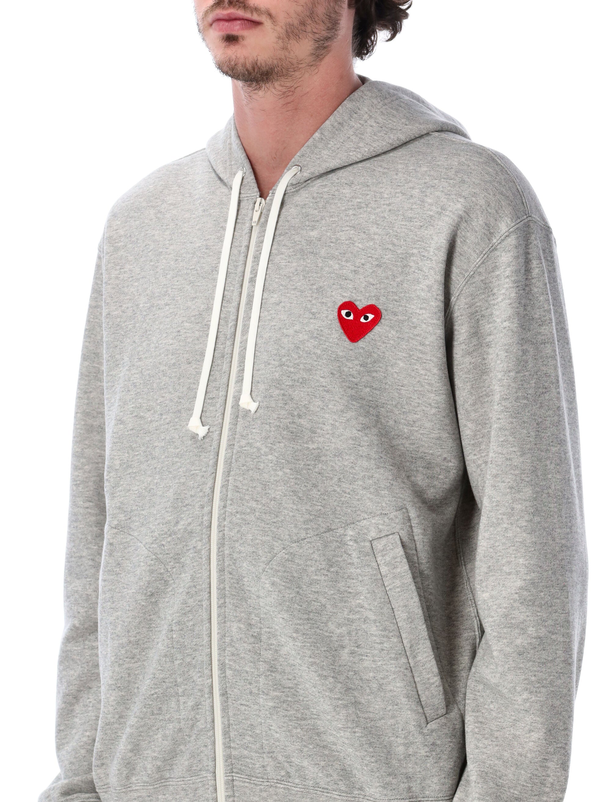 Comme Des Garçons Play Red Heart Zip-Up Hoodie Grey Cotton Sweatshirt