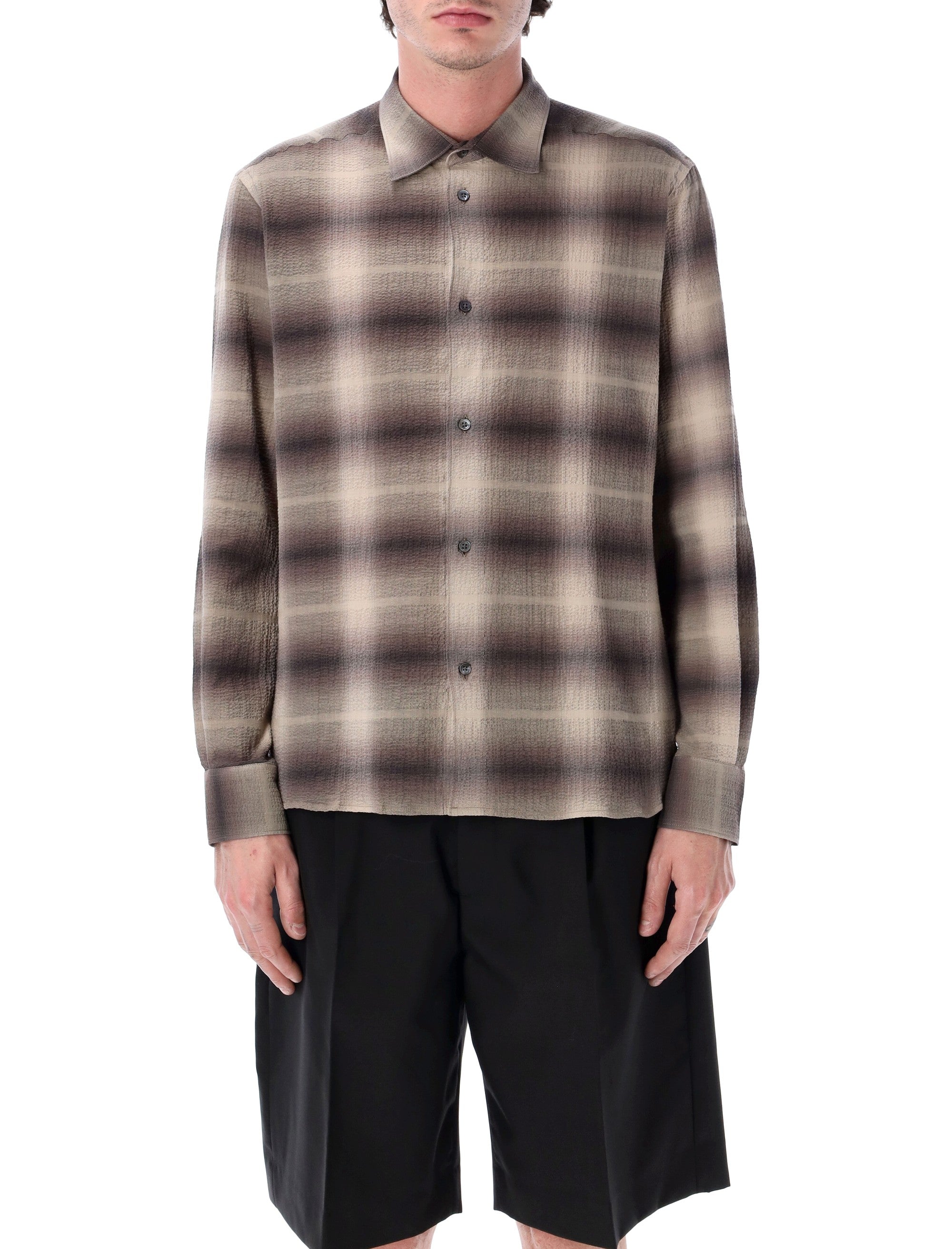 Berner Kühl Checked Seersucker Volume Shirt Khaki Cotton