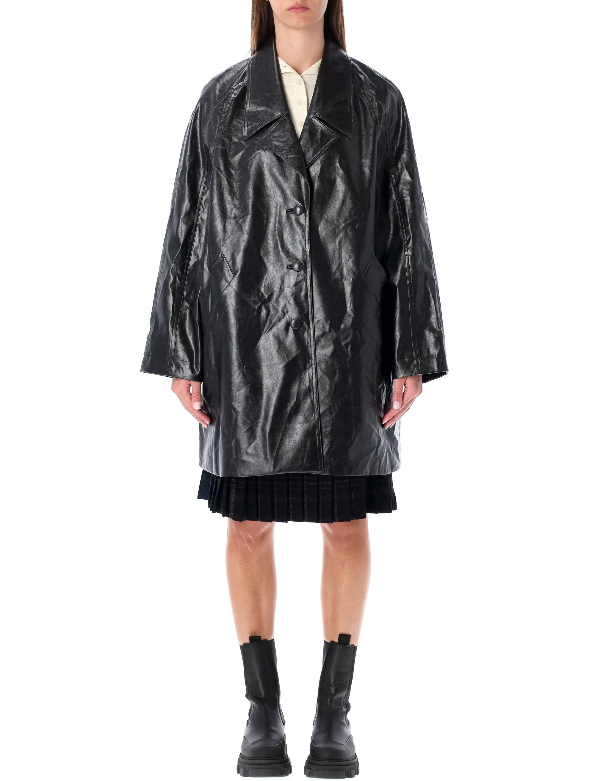 Low Classic Oversized Black Faux Leather Coat Synthetic Jacket